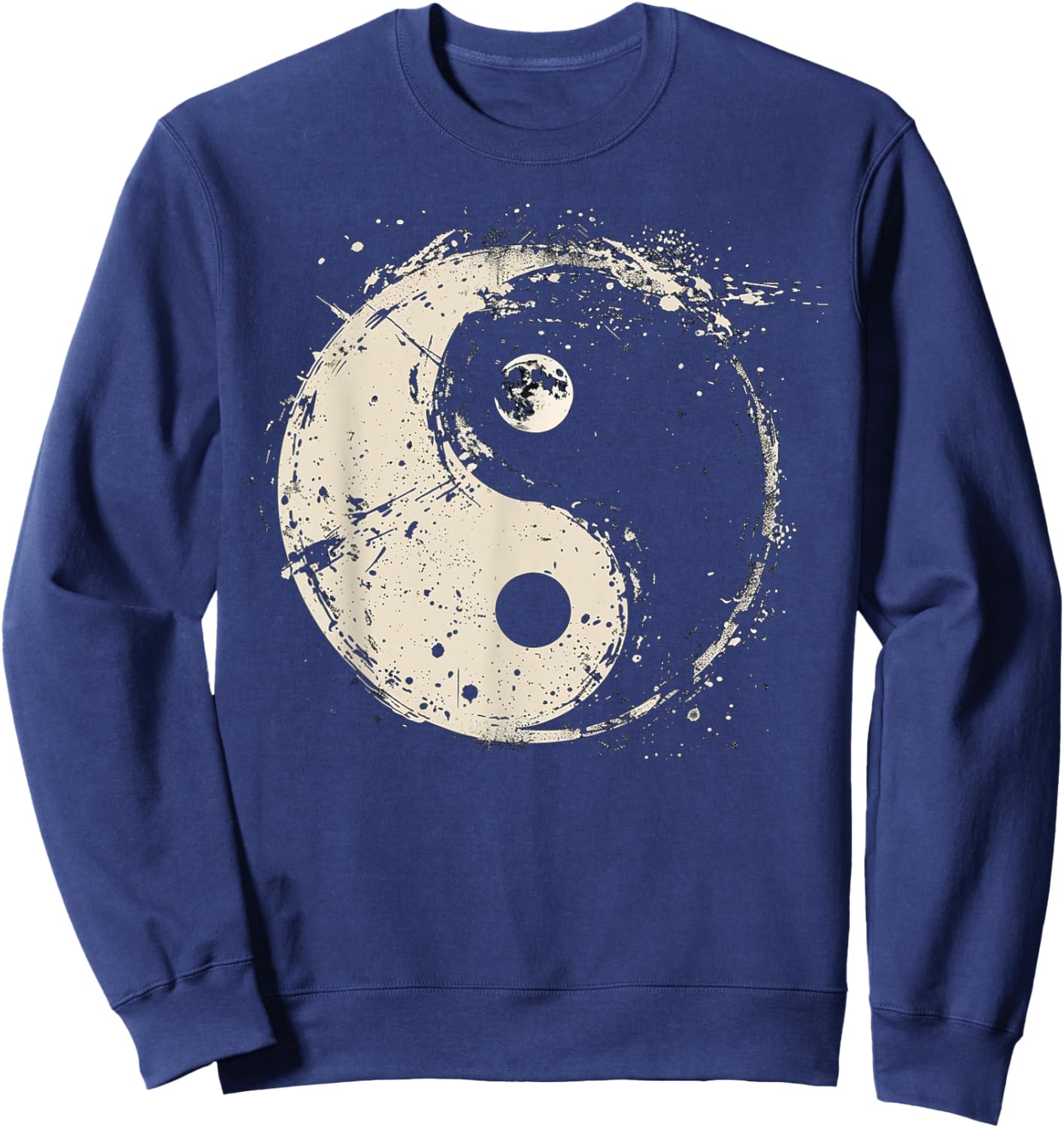 Distressed Yin Yang Moon Balance Spiritual Design Sweatshirt - Sweatshirt | Navy