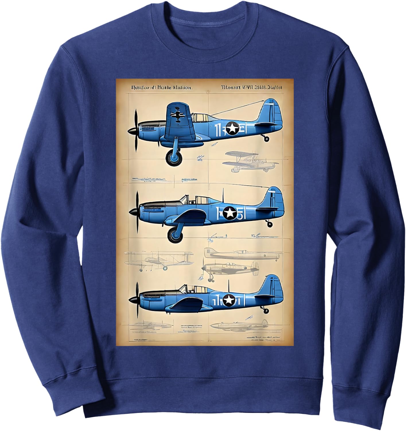 WW2 Military Aircraft Technical Drawing Sweatshirt - Sweatshirt | Navy