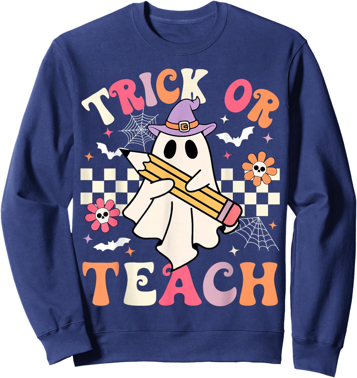 Trick Or Teach Groovy Teacher Halloween Retro Floral Ghost Sweatshirt - Sweatshirt | Navy