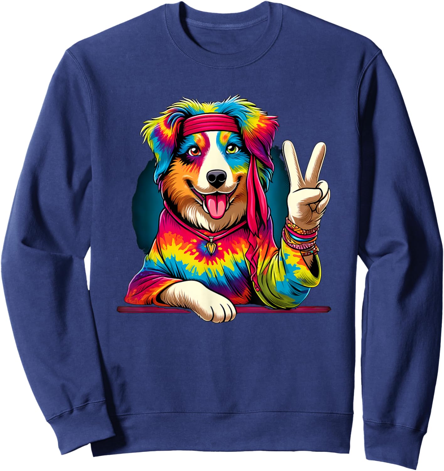 Peace Sign Tie Dye Australian Shepherd dog Sweatshirt - Sweatshirt | Navy
