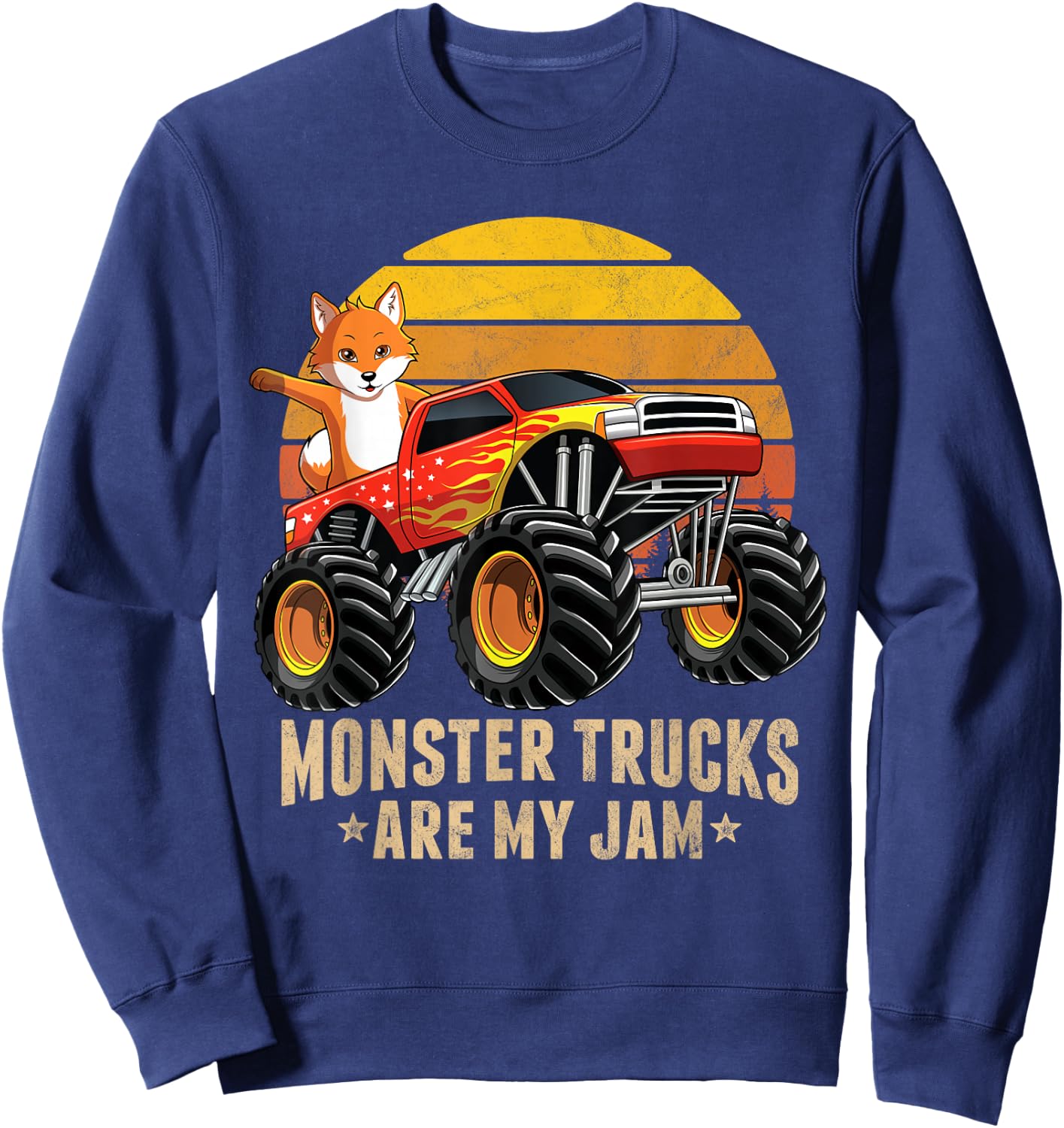 Vintage Fox Monster Truck Are My Jam Retro Sunset Boys Gift Sweatshirt - Sweatshirt | Navy