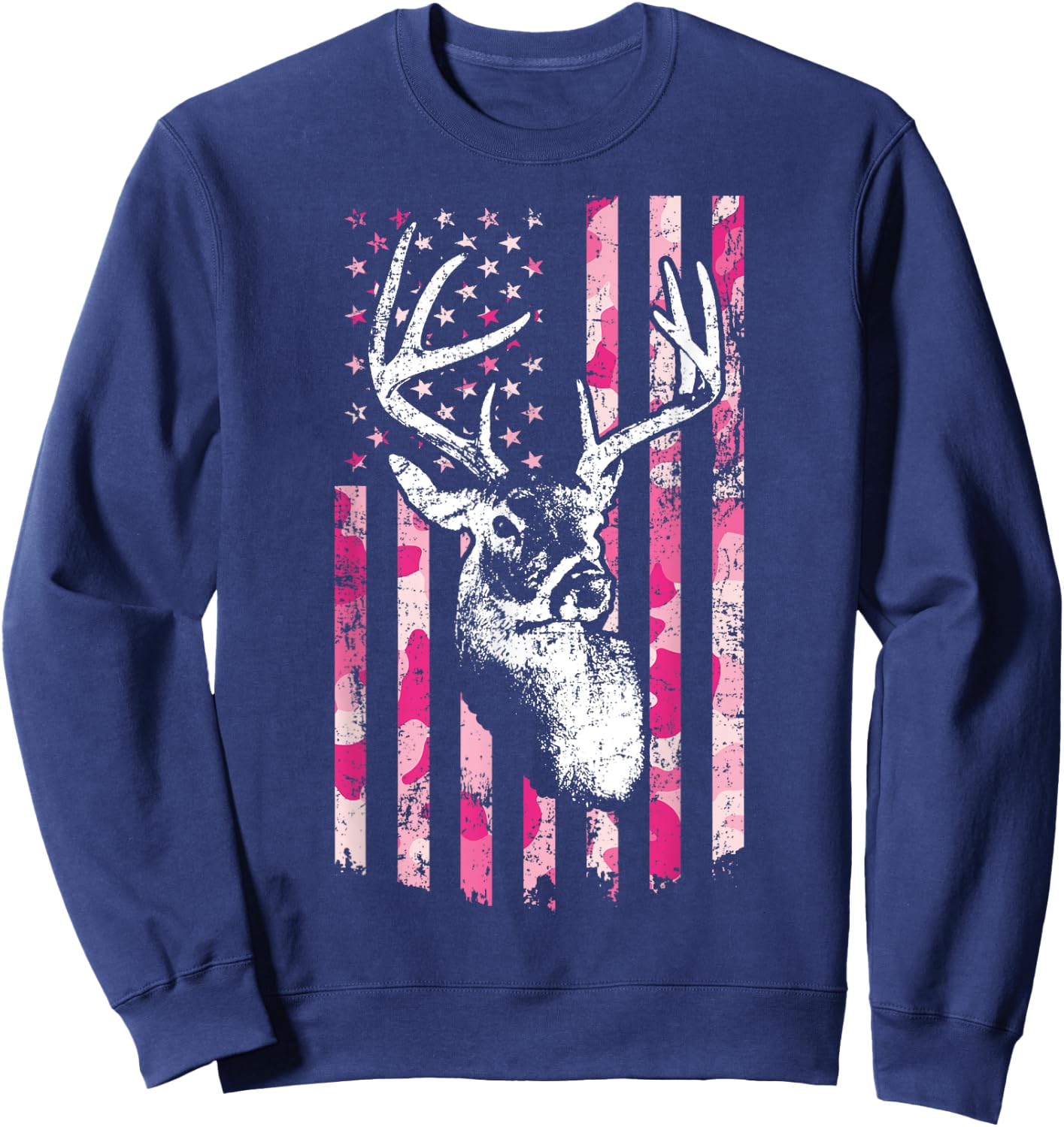Whitetail Buck Deer Hunting Pink Camo American Flag Sweatshirt - Sweatshirt | Navy
