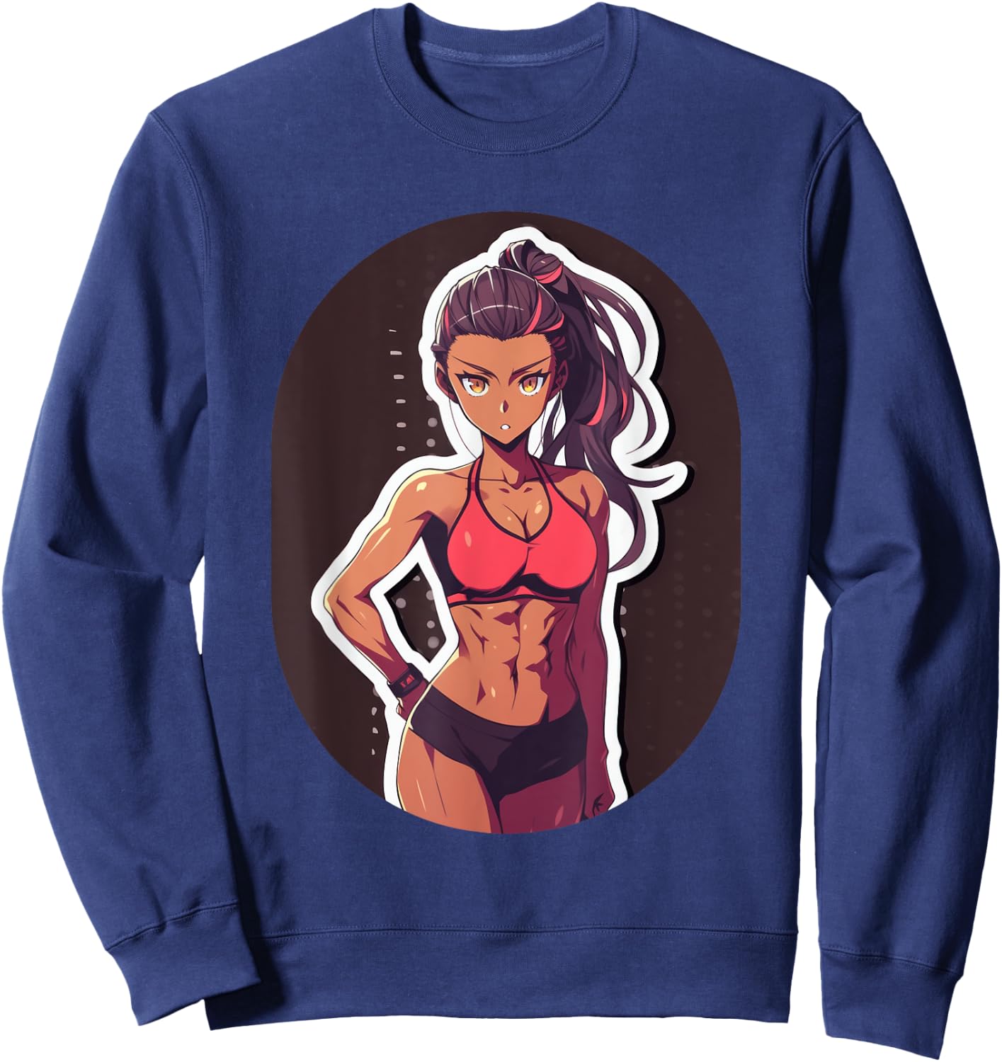 Dark Skin Anime & Manga Style Gym Girl Posing in Gym Clothes Sweatshirt - Sweatshirt | Navy