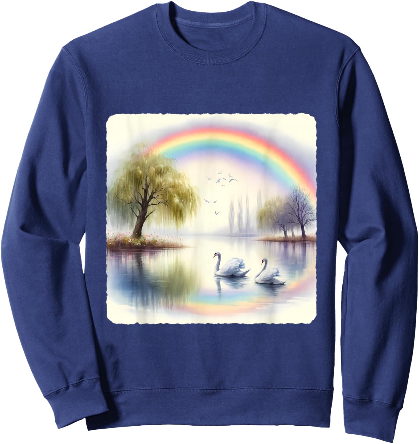 Rainbow Over Swan Lake With Swans. Willow Trees Peaceful Sweatshirt - Sweatshirt | Navy