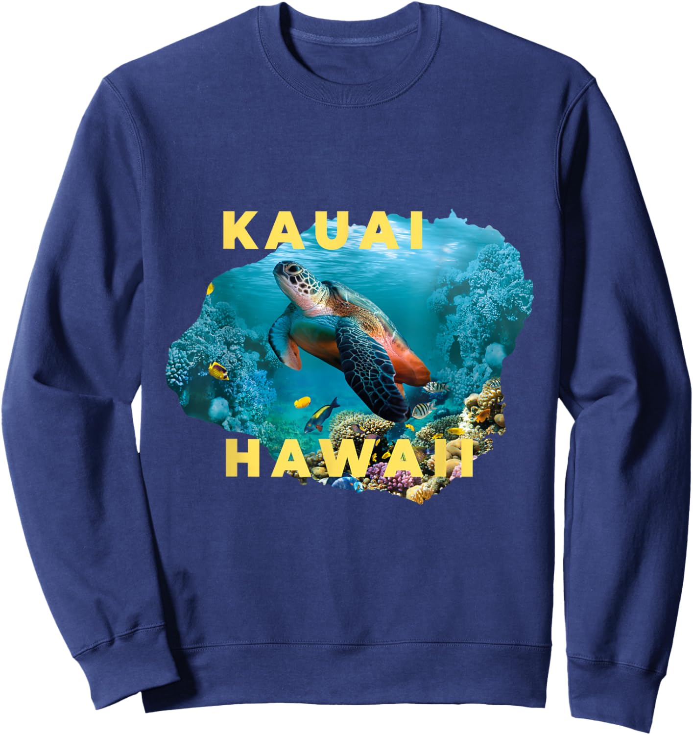 Sea Turtle Inside Kauai Island Map Hawaii Scuba Diving Surf Sweatshirt - Sweatshirt | Navy