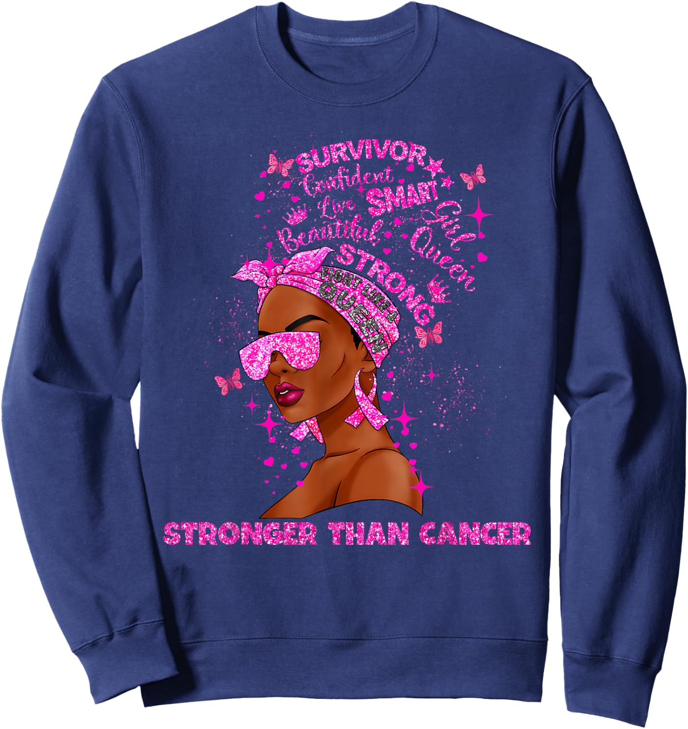 Black Women Queen Stronger Than Breast Cancer Pink Ribbon Sweatshirt - Sweatshirt | Navy