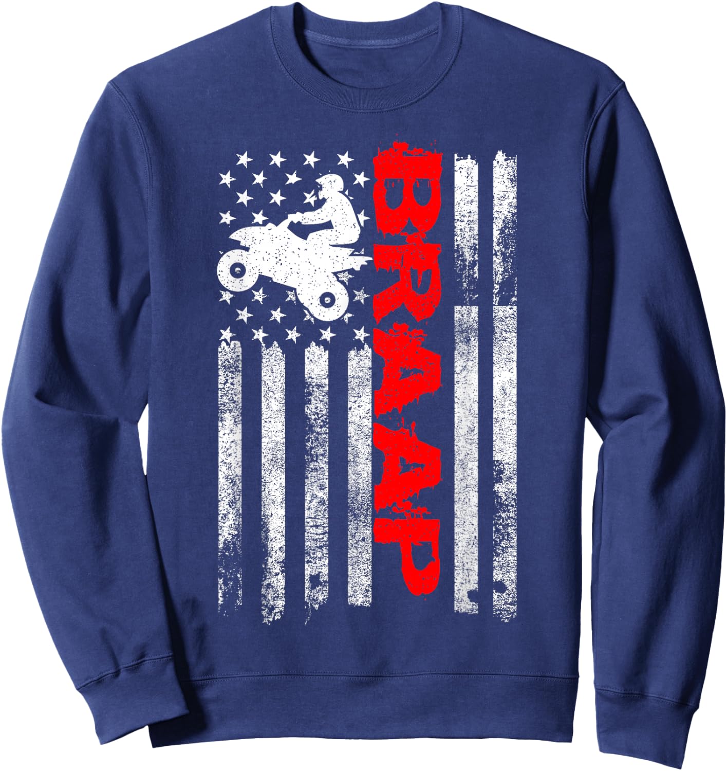 Cool Four Wheeler & ATV Gift Ideas Vintage USA American Flag Quad Bike ATV Gift - Black, , Small, Short Sleeve, , Letter Print, Motorcycle Theme Sweatshirt - Sweatshirt | Navy