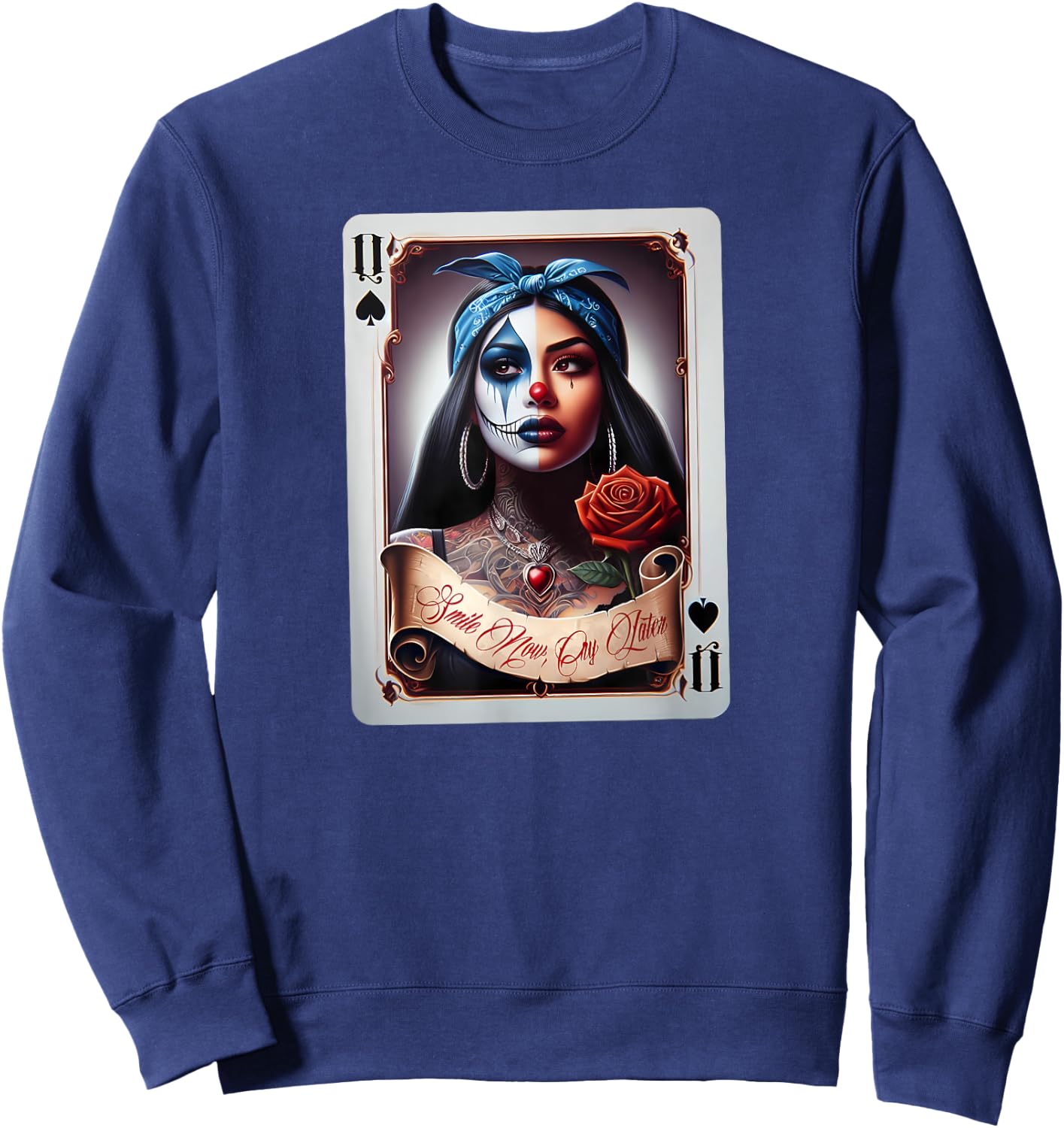 Smile Now CRY Later Camisa Chicana Chicano Tattoo Art Clown Sweatshirt - Sweatshirt | Navy