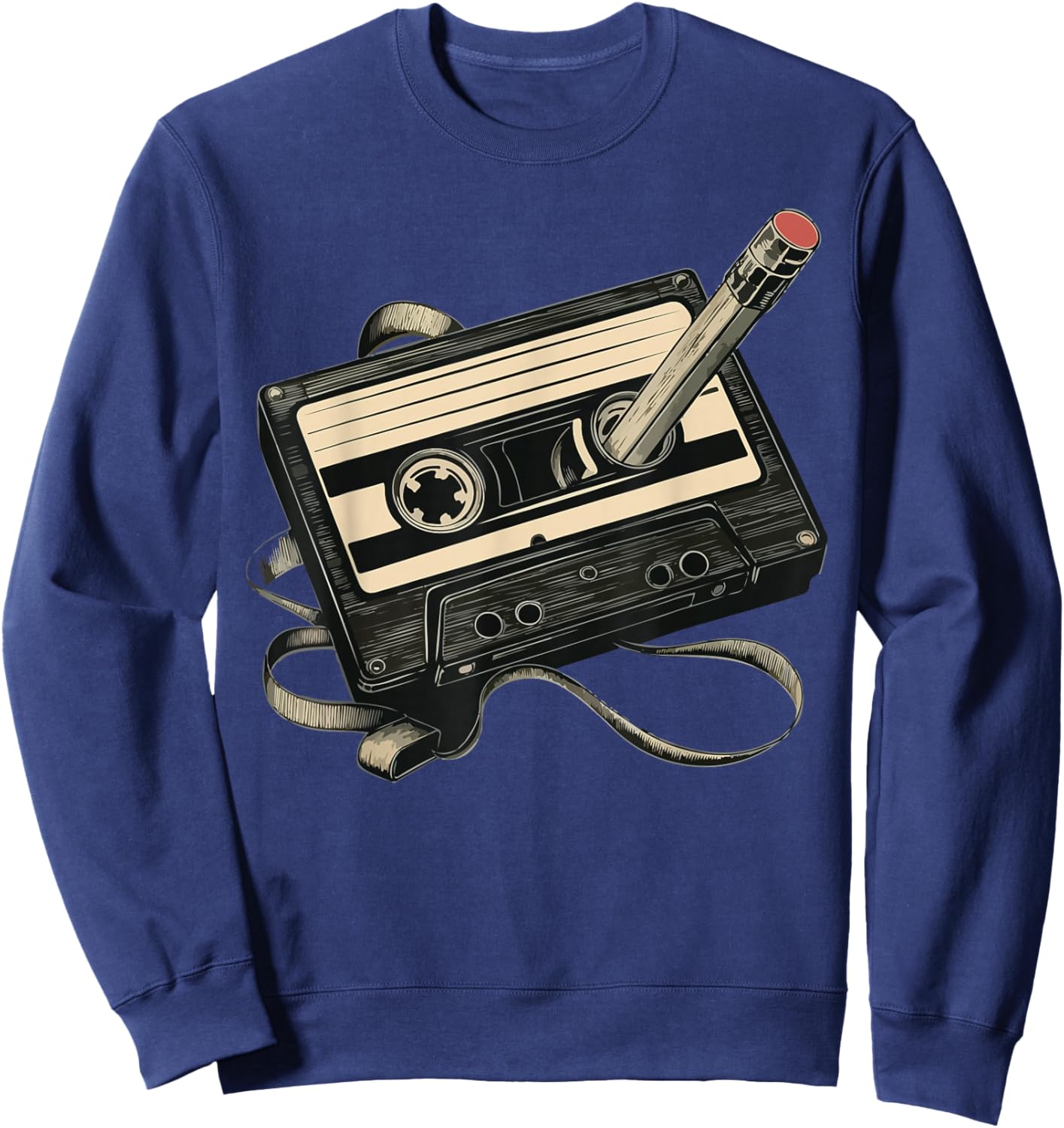 Retro Cassette Tape with Pencil Rewind Sweatshirt - Sweatshirt | Navy