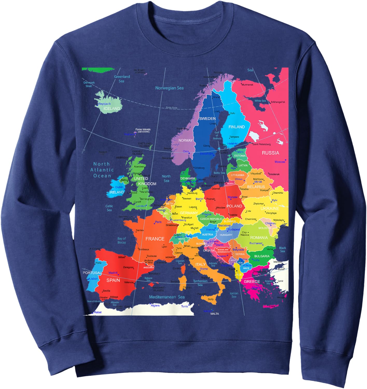 Map of Europe with Border, Countries, Capitals, Large Cities Sweatshirt - Sweatshirt | Navy