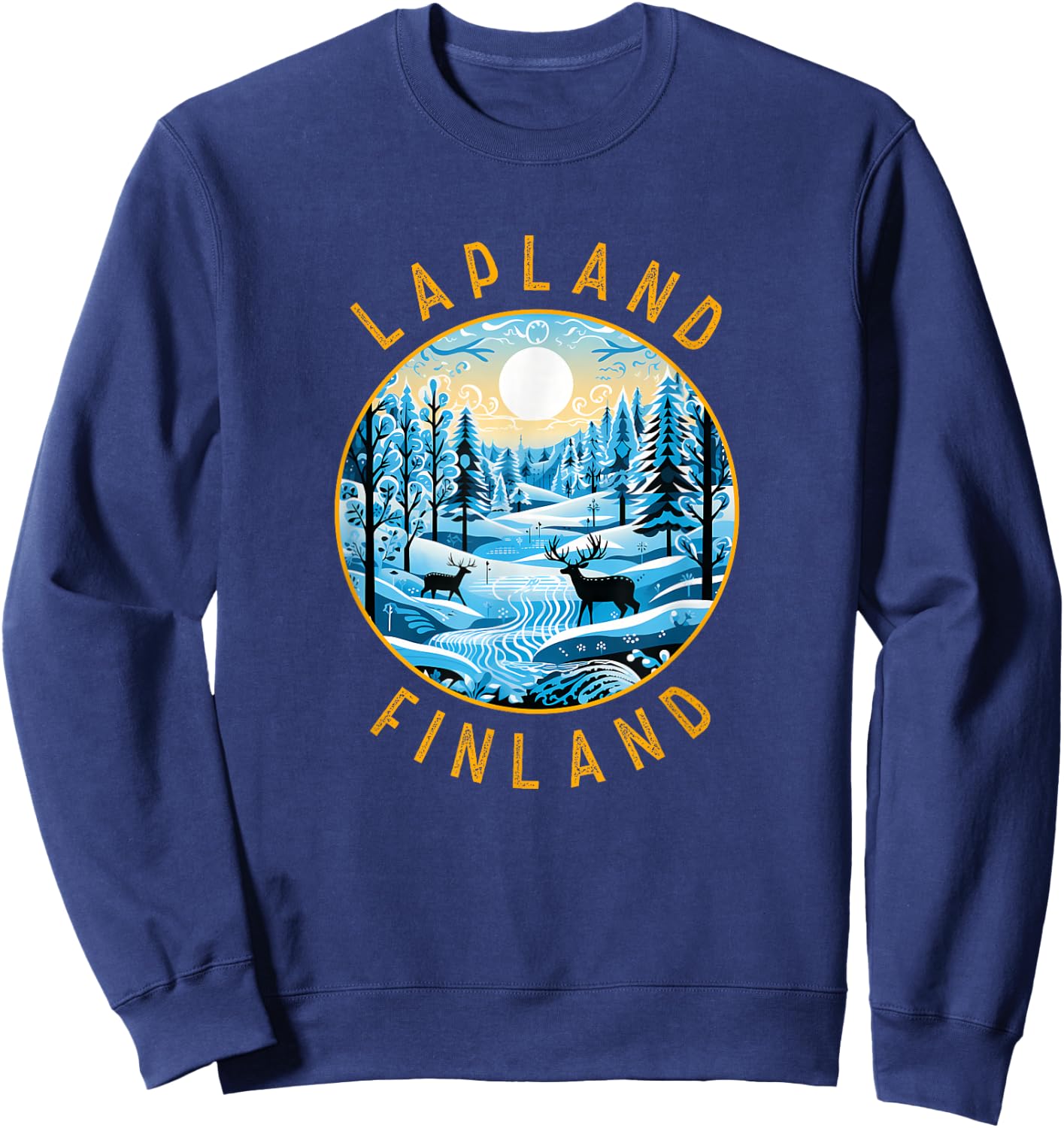 Lapland Finland Deer Retro Distressed Circle Sweatshirt - Sweatshirt | Navy