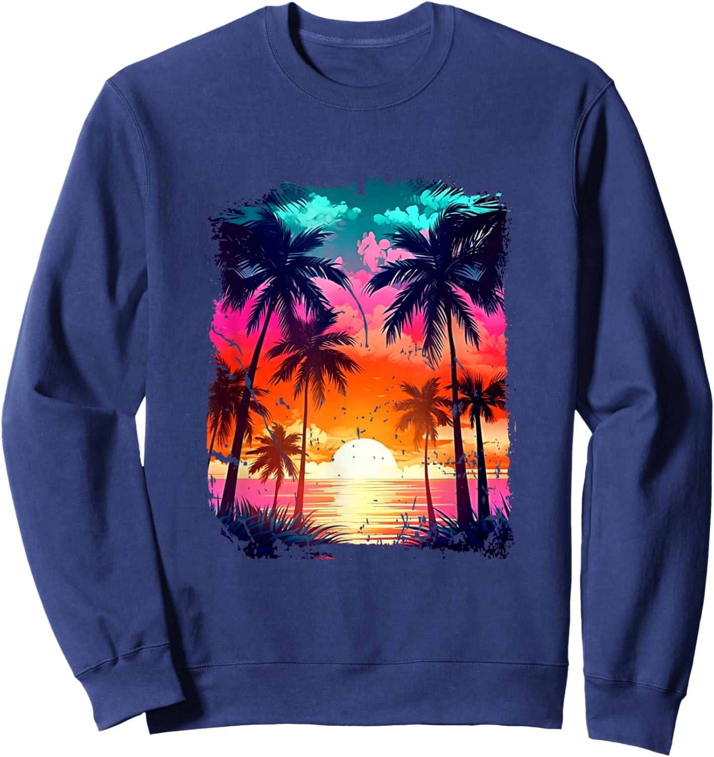 Orange and Aqua Sunset with Silhouetted Palm a Trees Beach Sweatshirt - Sweatshirt | Navy