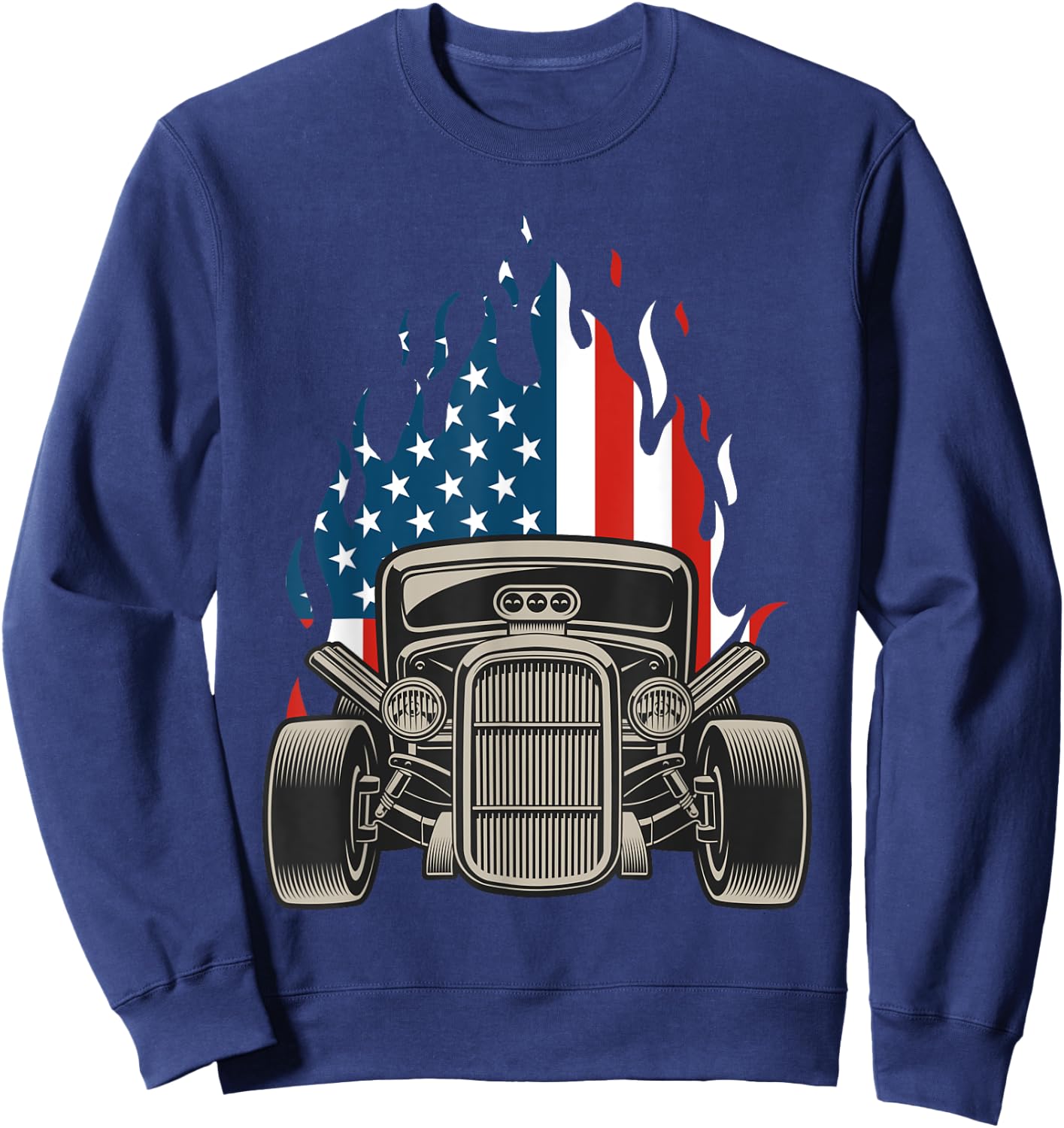 American Flag Vintage Hot Rod Veteran Memorial Day July 4 Sweatshirt - Sweatshirt | Navy