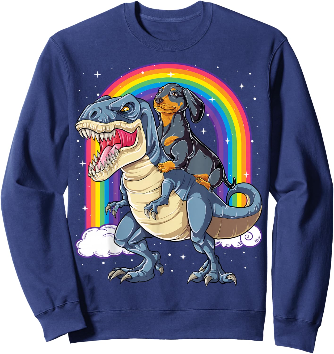 Dachshund Riding Dinosaur T-rex Gifts Boys Kids Men Rainbow Sweatshirt - Sweatshirt | Navy