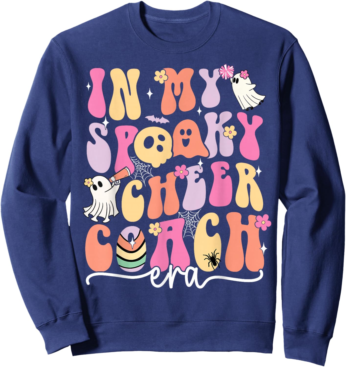 In My Spooky Cheer Coach Era Halloween Ghost Floral Groovy Sweatshirt - Sweatshirt | Navy