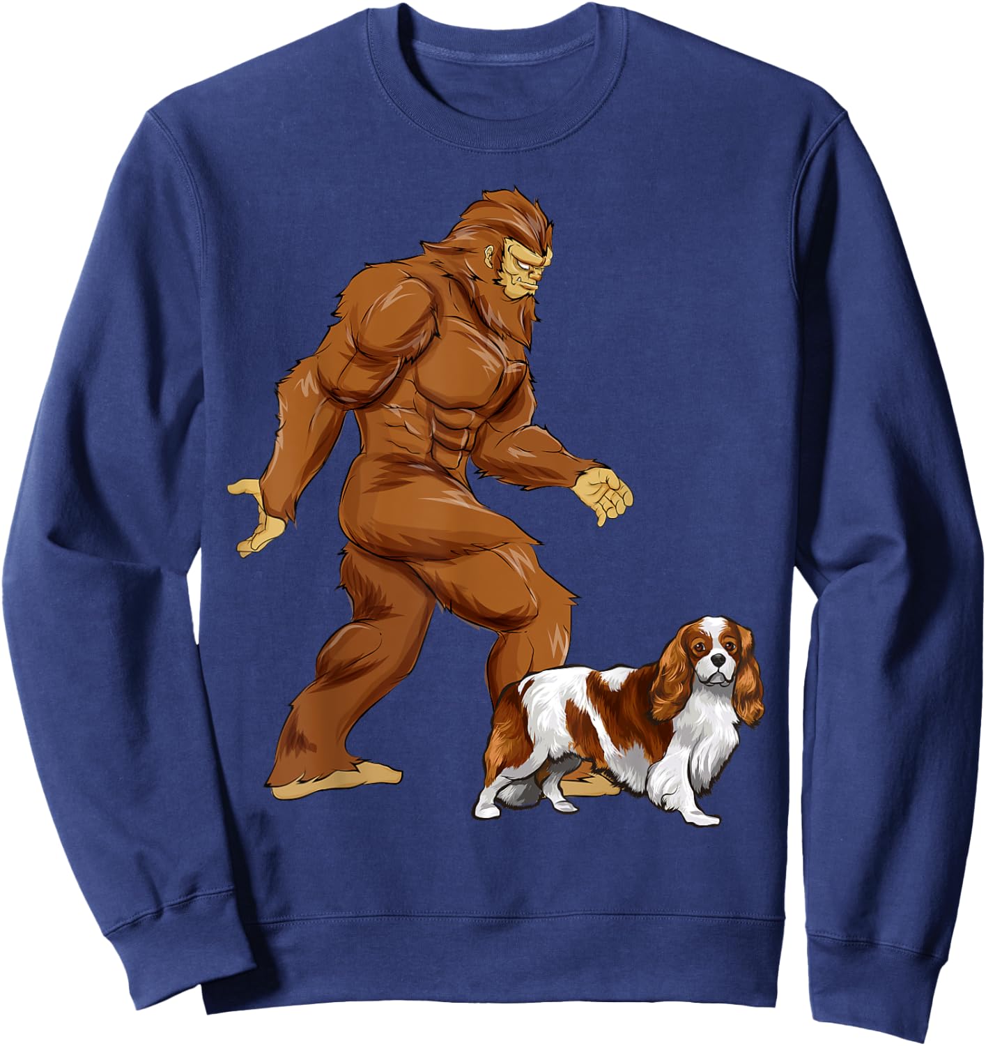 Fun Bigfoot Walking Cavalier King Charles Spaniel Sasquatch Sweatshirt - Sweatshirt | Navy
