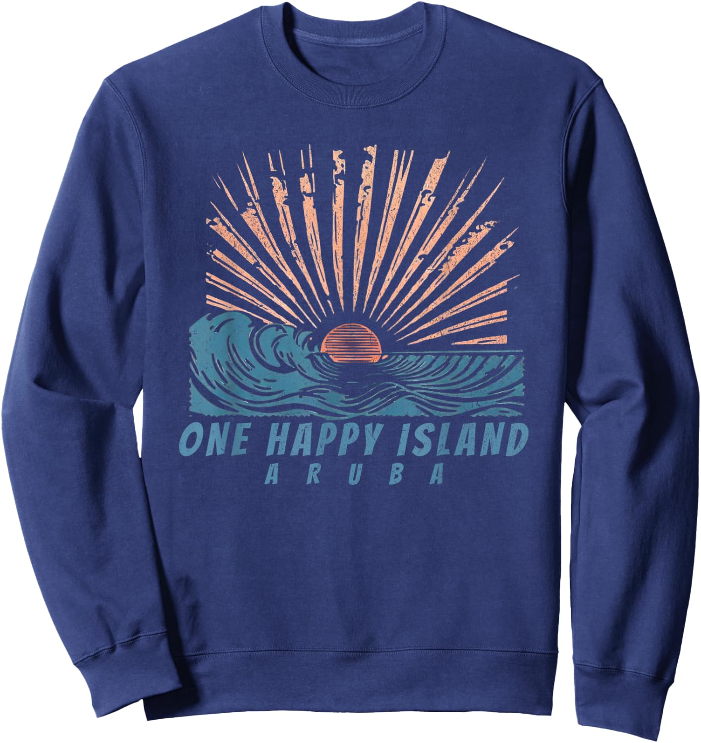 One Happy Island Aruba Sun Rays Waves Vintage Hand Drawn Sweatshirt - Sweatshirt | Navy