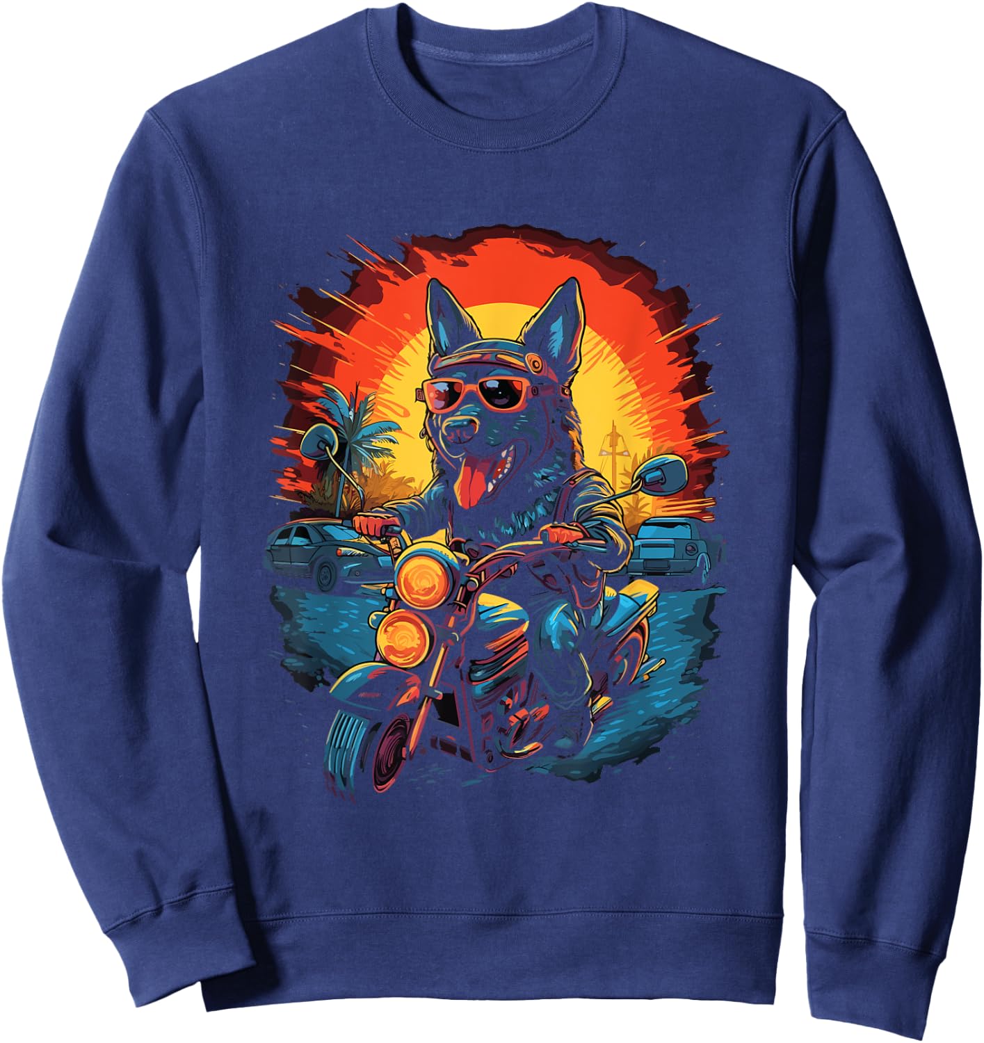 A German Shepherd dog riding a motorcycle Sweatshirt - Sweatshirt | Navy