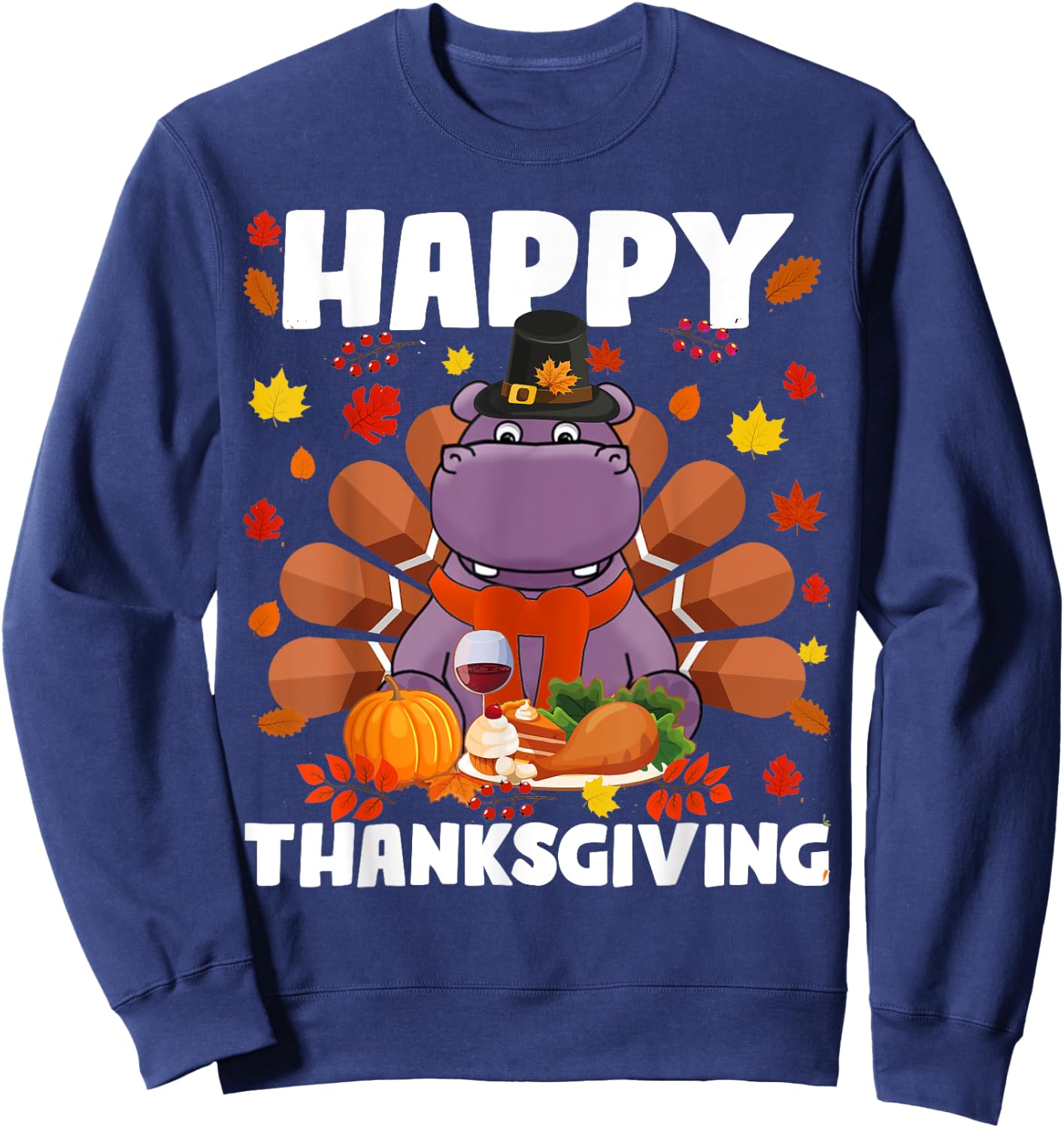 Happy Thanksgiving Funny Hippo Turkey Autumn Hippo Lover Sweatshirt - Sweatshirt | Navy