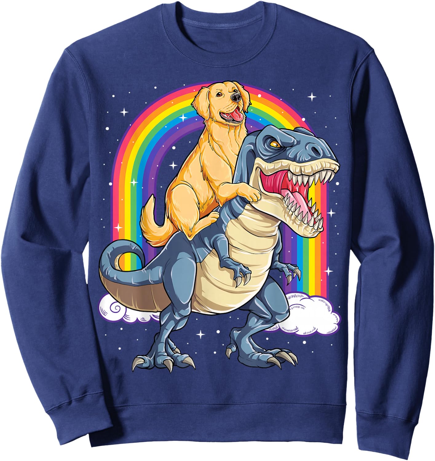 Golden Retriever Riding Dinosaur T rex Gifts Boys Rainbow Small Sweatshirt - Sweatshirt | Navy