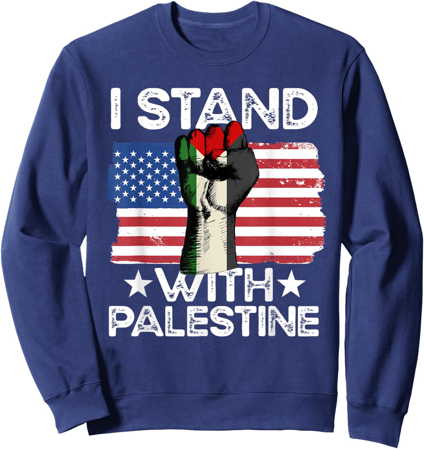 Free Palestine - American Flag and Palestine Flag Sweatshirt - Sweatshirt | Navy
