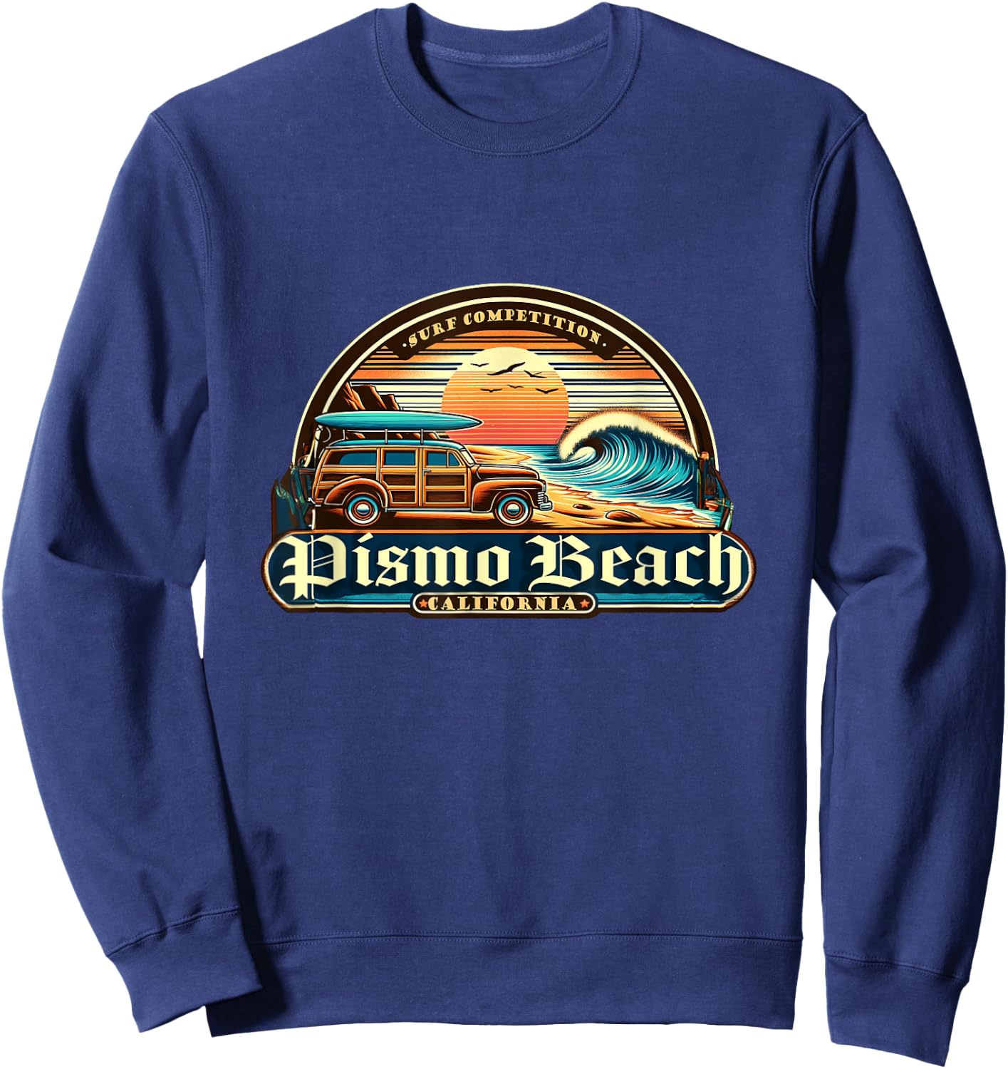 Pismo Beach, California Retro Vintage Beach and Surf Sweatshirt - Sweatshirt | Navy