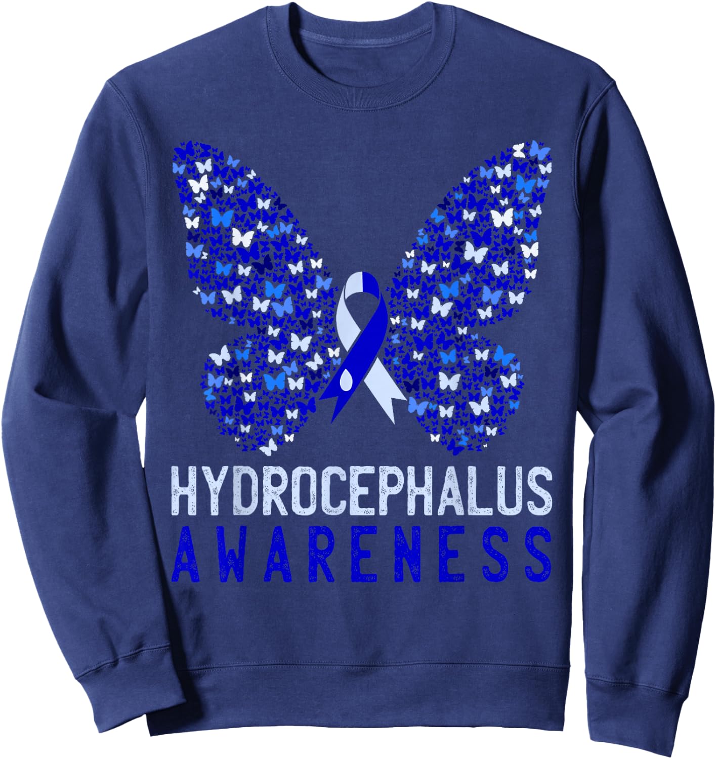 Butterfly Hydrocephalus Awareness Month Blue Ribbon Support Sweatshirt - Sweatshirt | Navy