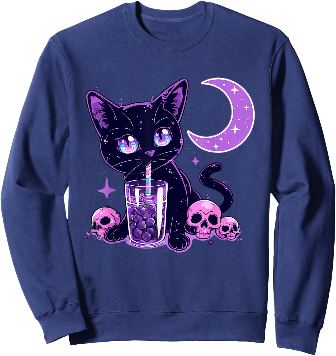 Cute Kawaii Cat Drink Boba Tea Purple Pastel Goth Neko Cat Sweatshirt - Sweatshirt | Navy