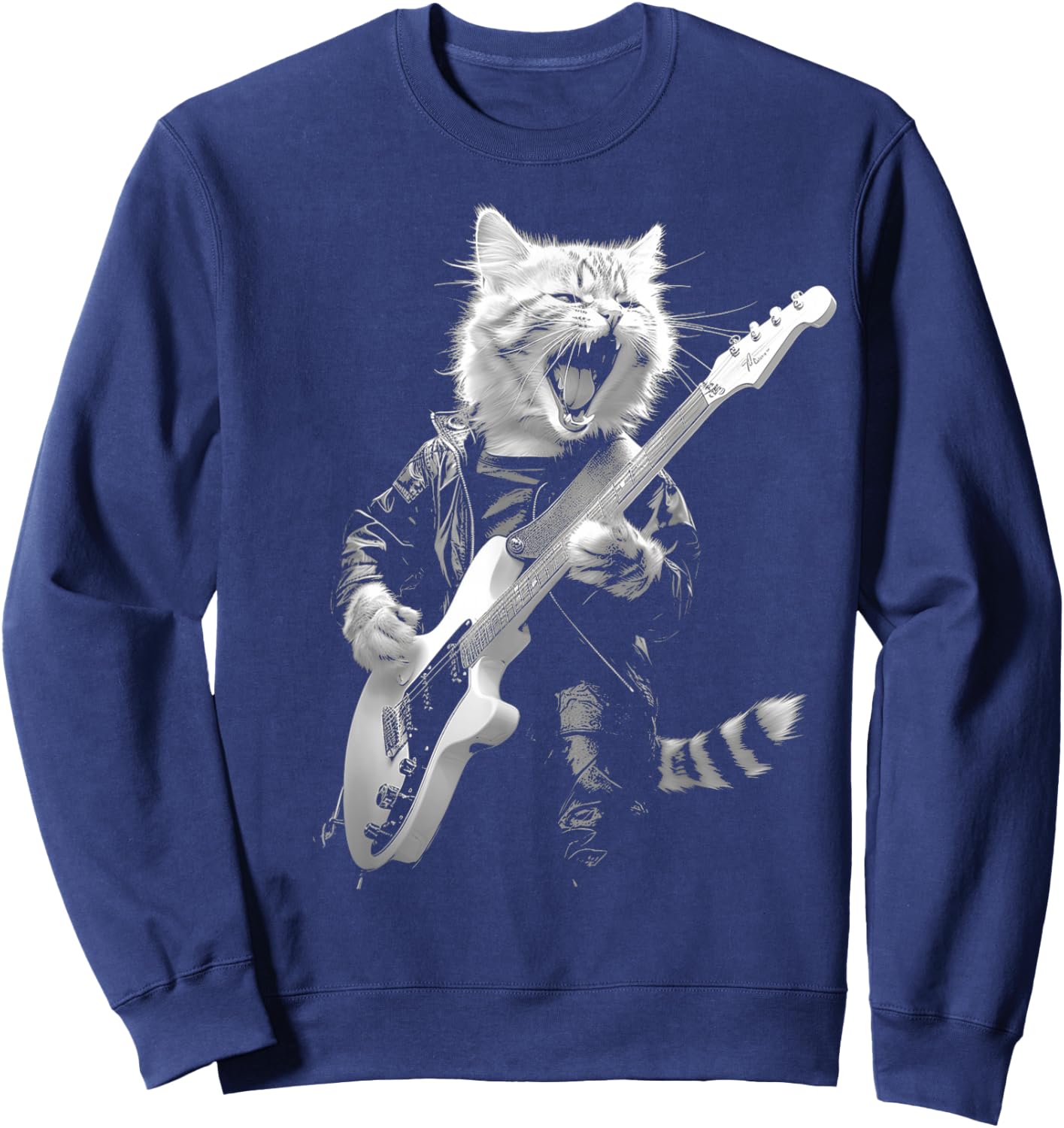 Rock Cat Playing Guitar Funny Guitar Cat Design Sweatshirt - Sweatshirt | Navy