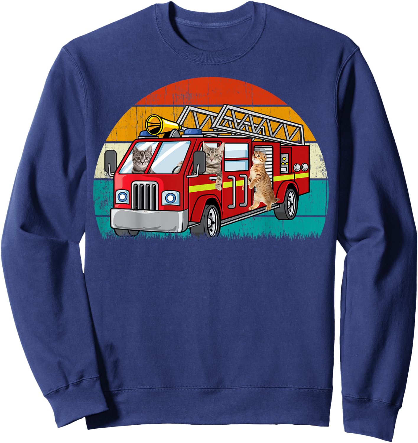Vintage Retro Style Sunset rescue Engine Cat Firefighter Sweatshirt - Sweatshirt | Navy