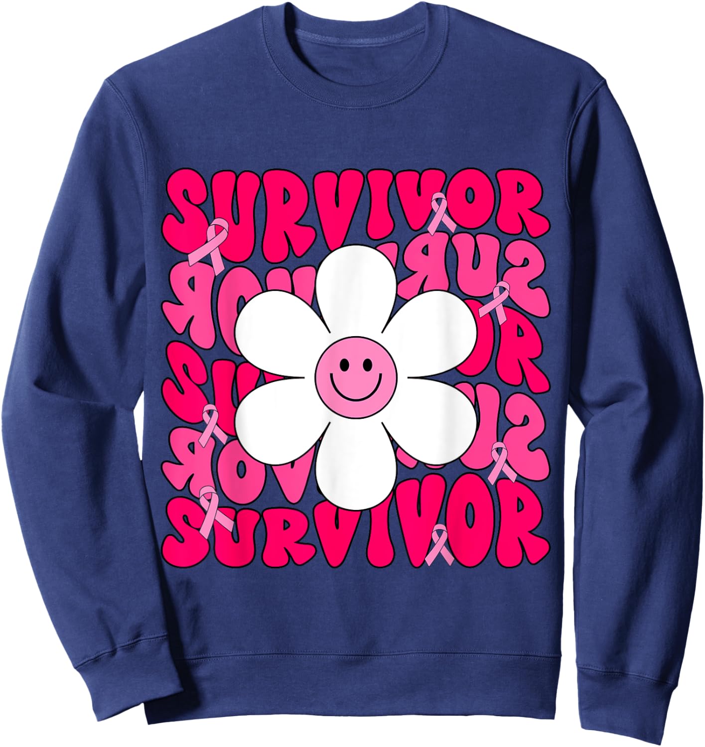 Survivor Breast Cancer Awareness Retro Groovy Breast Cancer Sweatshirt - Sweatshirt | Navy