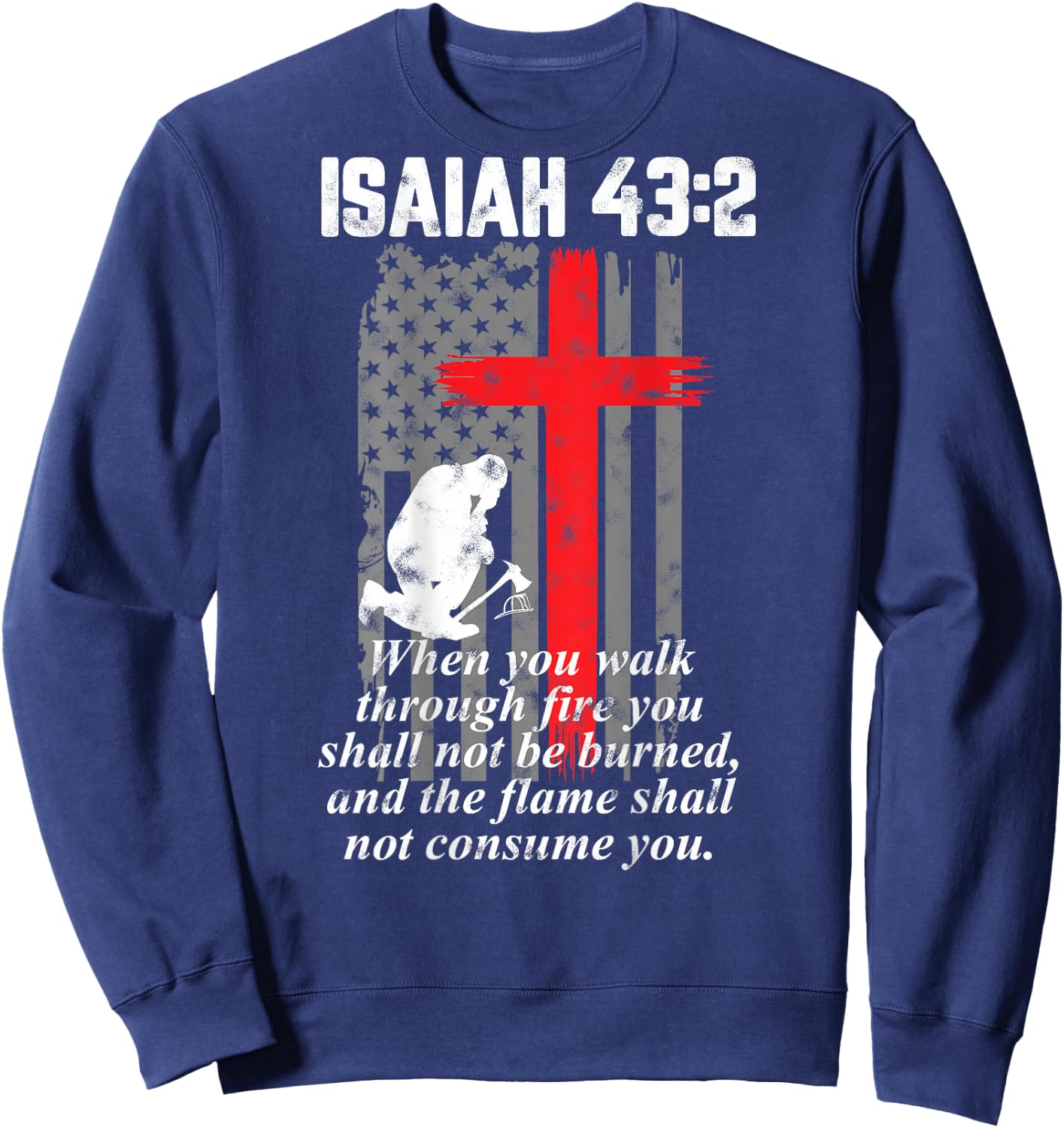 Thin Red Line Firefighter Cross Bible Verse American Flag Small Sweatshirt - Sweatshirt | Navy