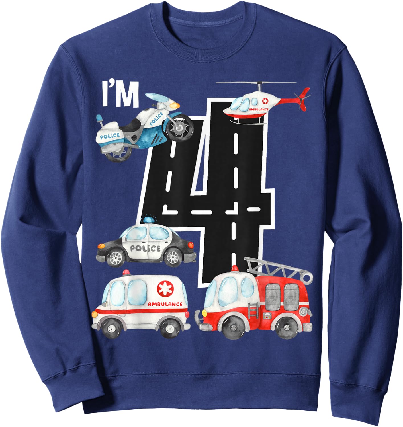 Emergency Vehicles 4th Birthday Fire Truck Police Car Boys Sweatshirt - Sweatshirt | Navy