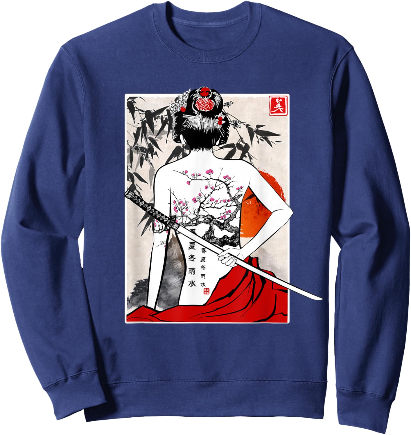 Japanese Samurai Culture Scenery Vintage Sakura Cherry Gift Sweatshirt - Sweatshirt | Navy