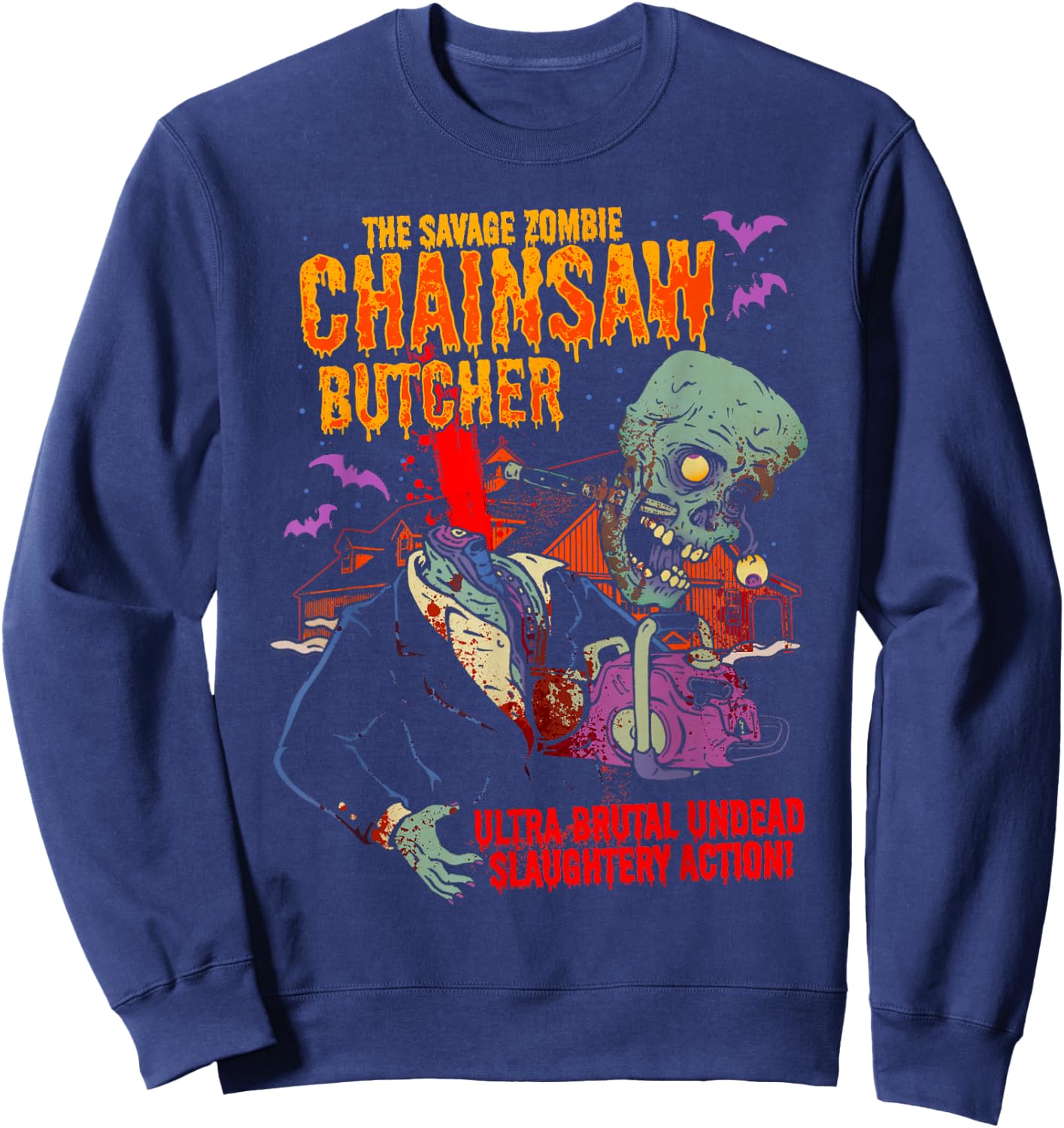 The Savage Zombie Chainsaw Butcher Horror Movie Sweatshirt - Sweatshirt | Navy