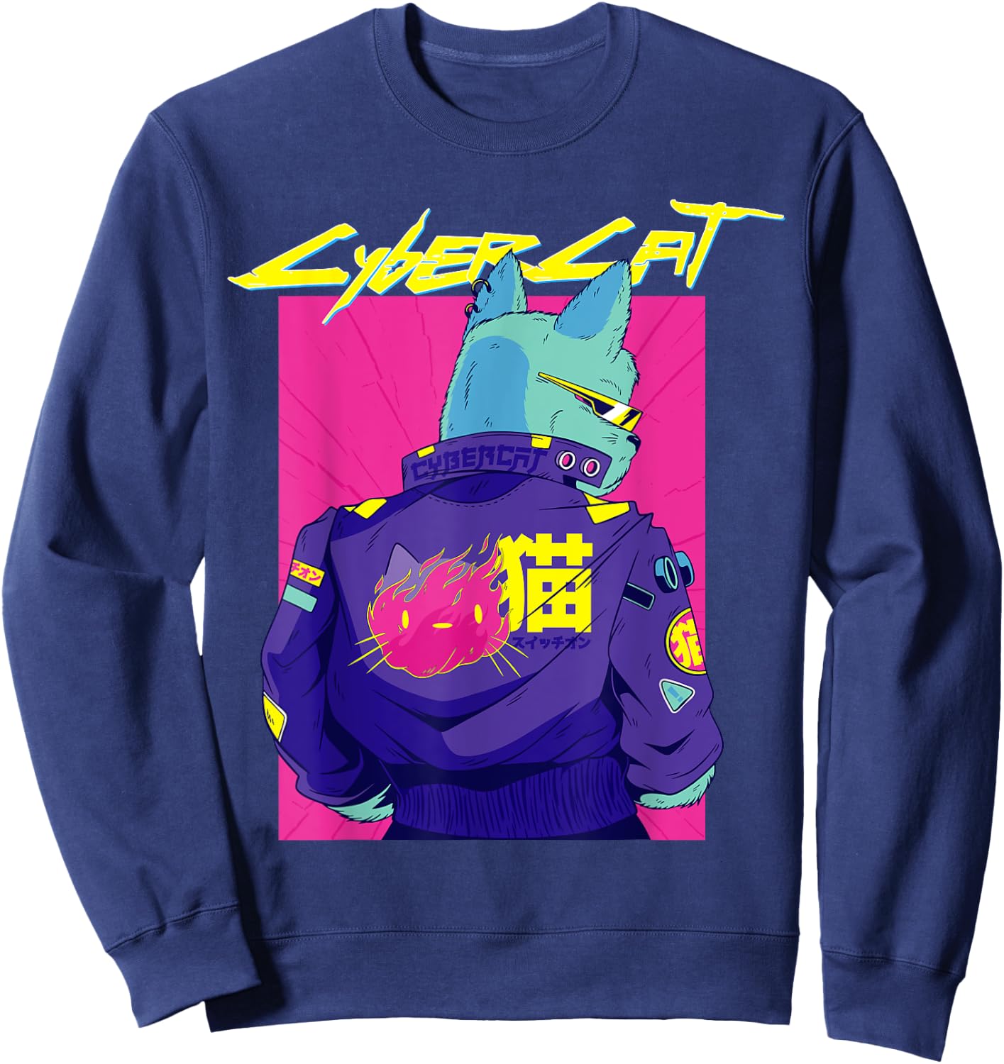Cyberpunk Pun Cat cybercat Japanese Character cyberpunker Sweatshirt - Sweatshirt | Navy