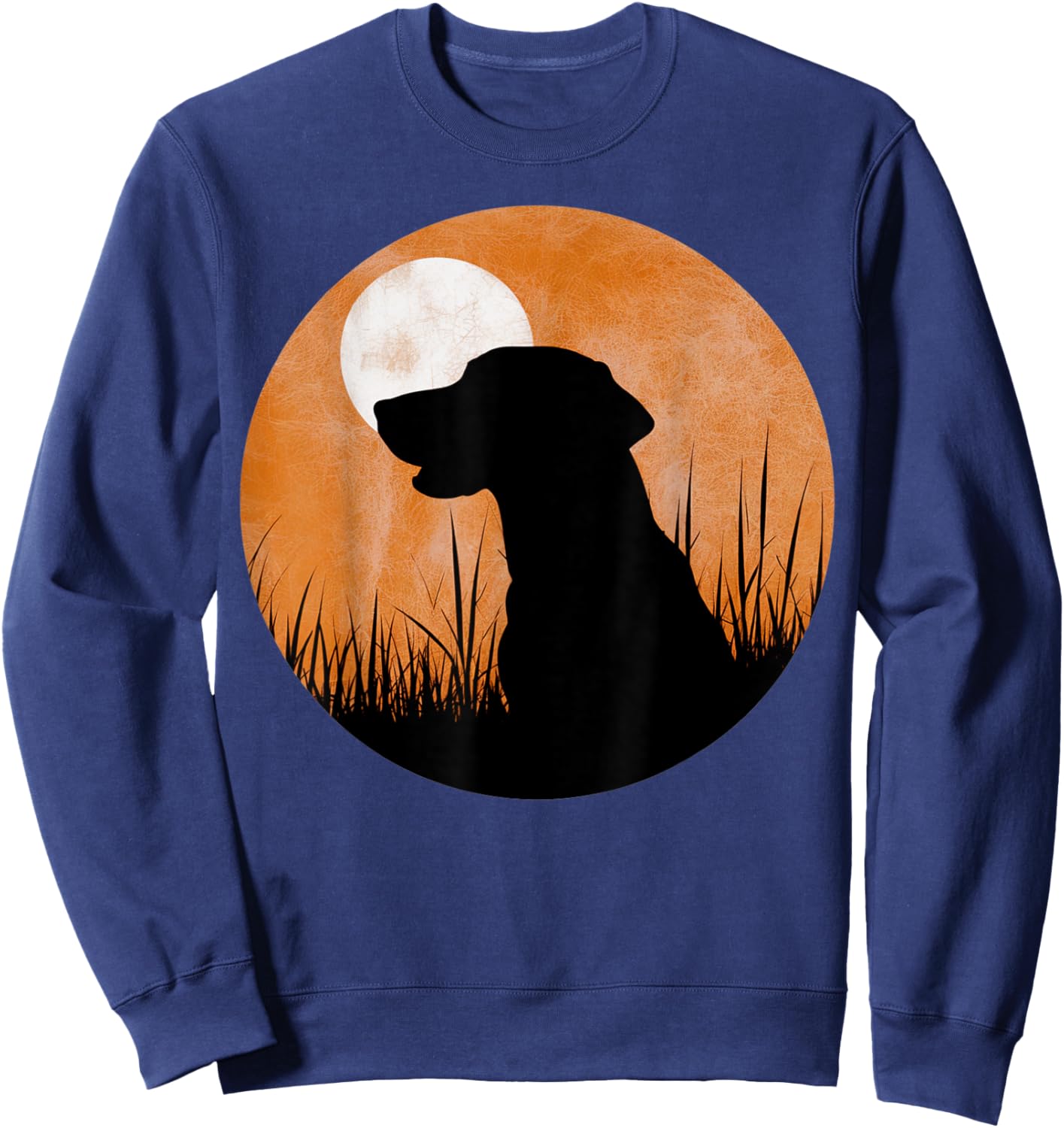 A silhouette of a hunting black or yellow lab on orange sky Sweatshirt - Sweatshirt | Navy