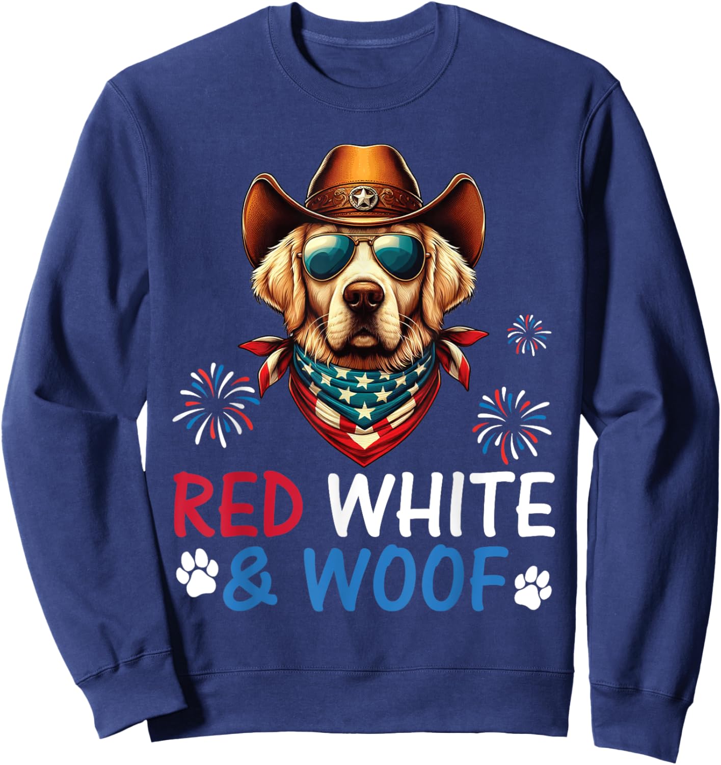 Golden Retriever Cowboy Costume Fireworks Red White and Woof Sweatshirt - Sweatshirt | Navy