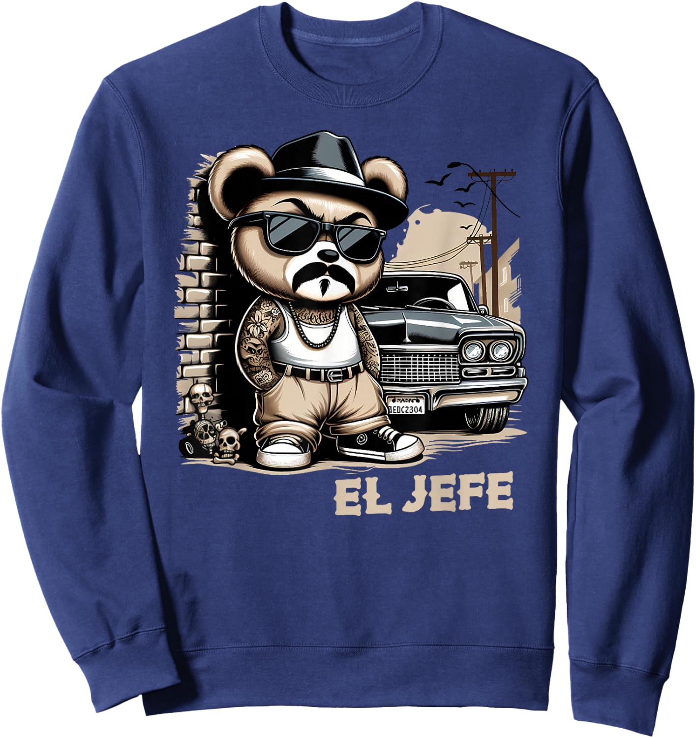 EL JEFE Hip Hop Teddy Bear Lowrider Shirt Chicano Cholo Sweatshirt - Sweatshirt | Navy