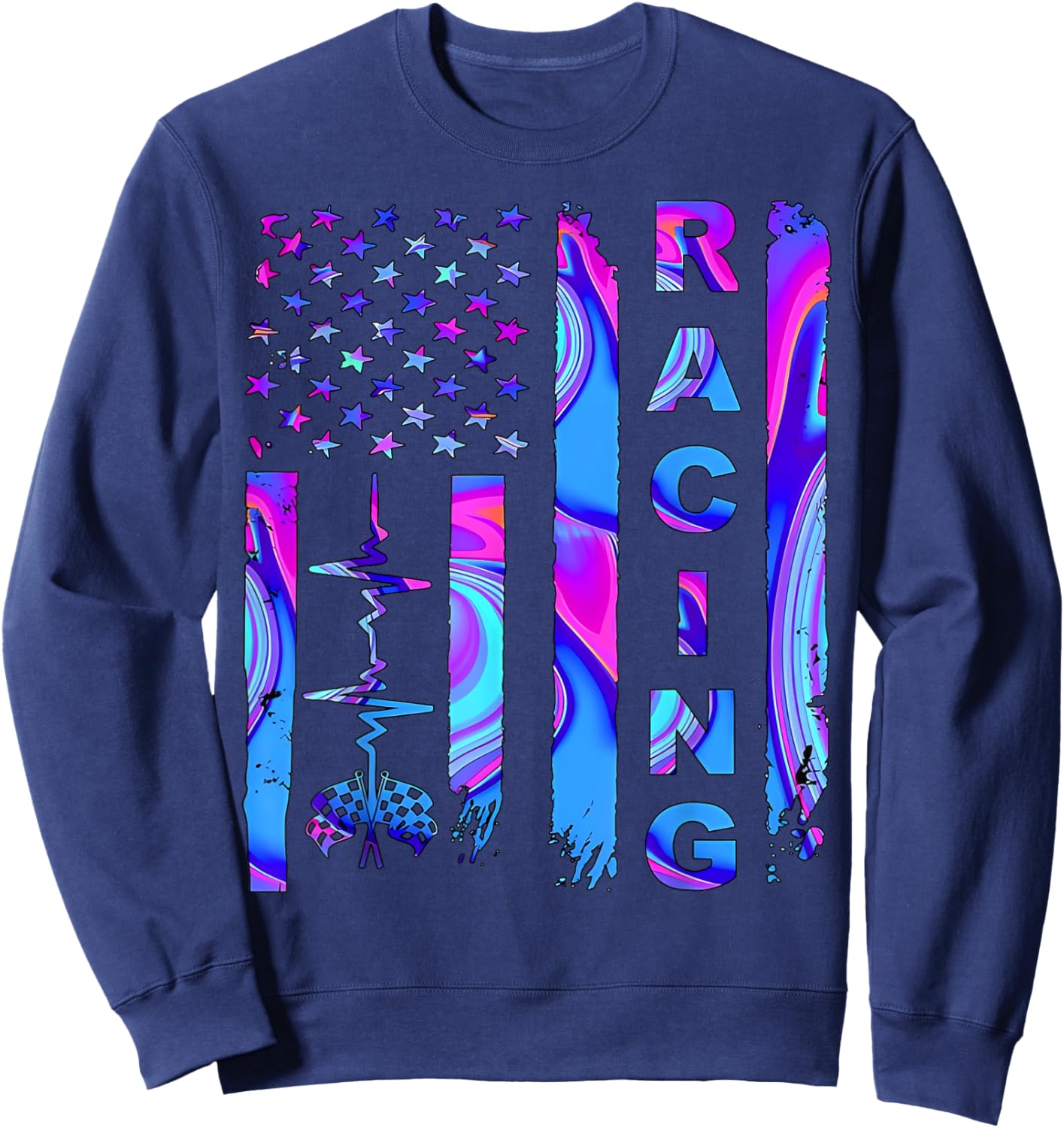 Tie Dye Heartbeat Checkered Flag Racing Patriotic Race Life Men Sweatshirt - Sweatshirt | Navy