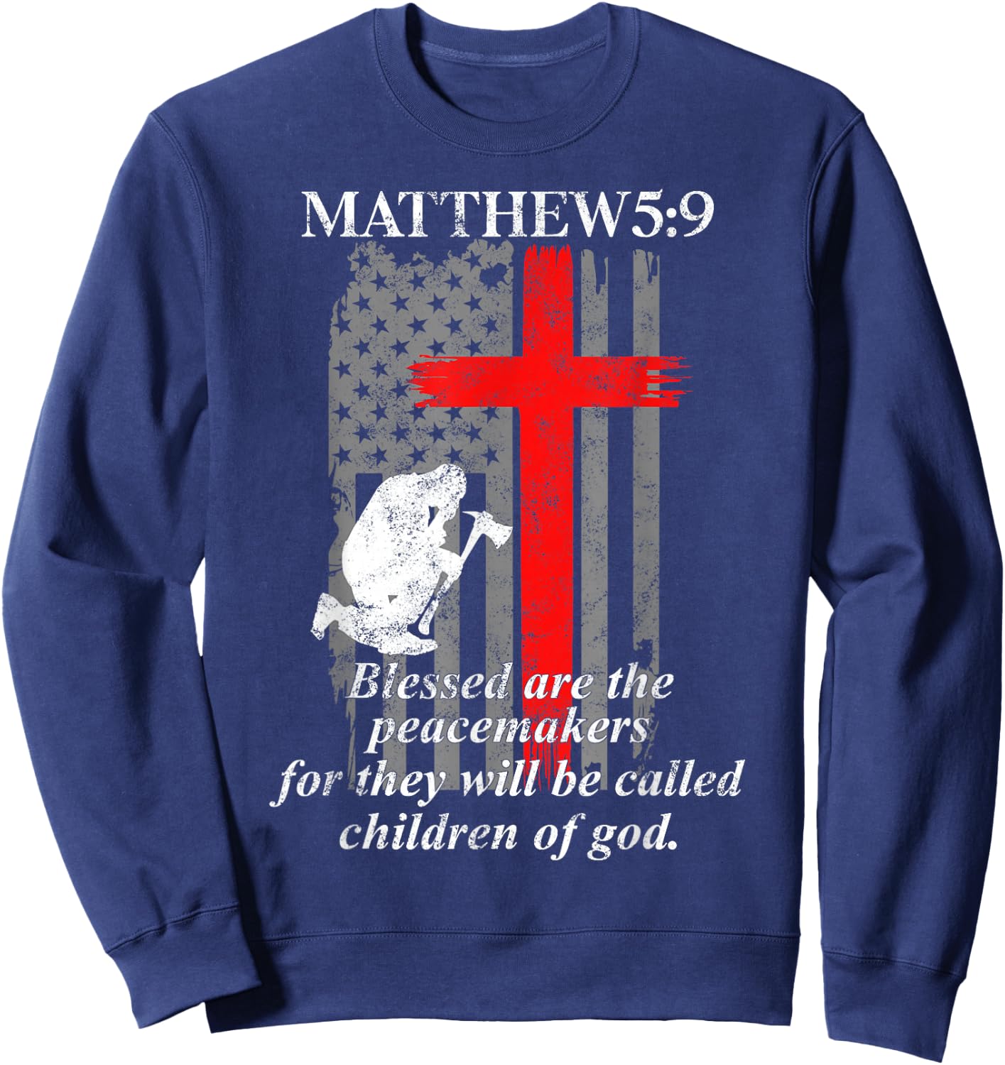 Thin Red Line Fireman Cross Bible Verse Firefighter USA Flag Sweatshirt - Sweatshirt | Navy