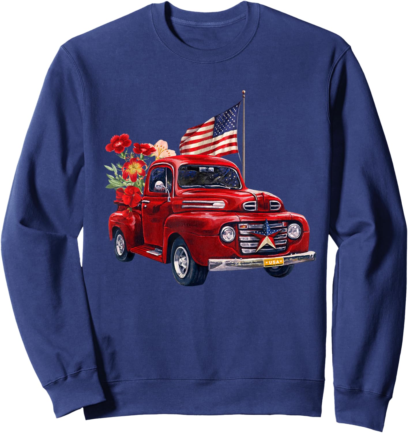 Red Truck With Flowers American Flag Happy 4th Of July Women Men Sweatshirt - Sweatshirt | Navy