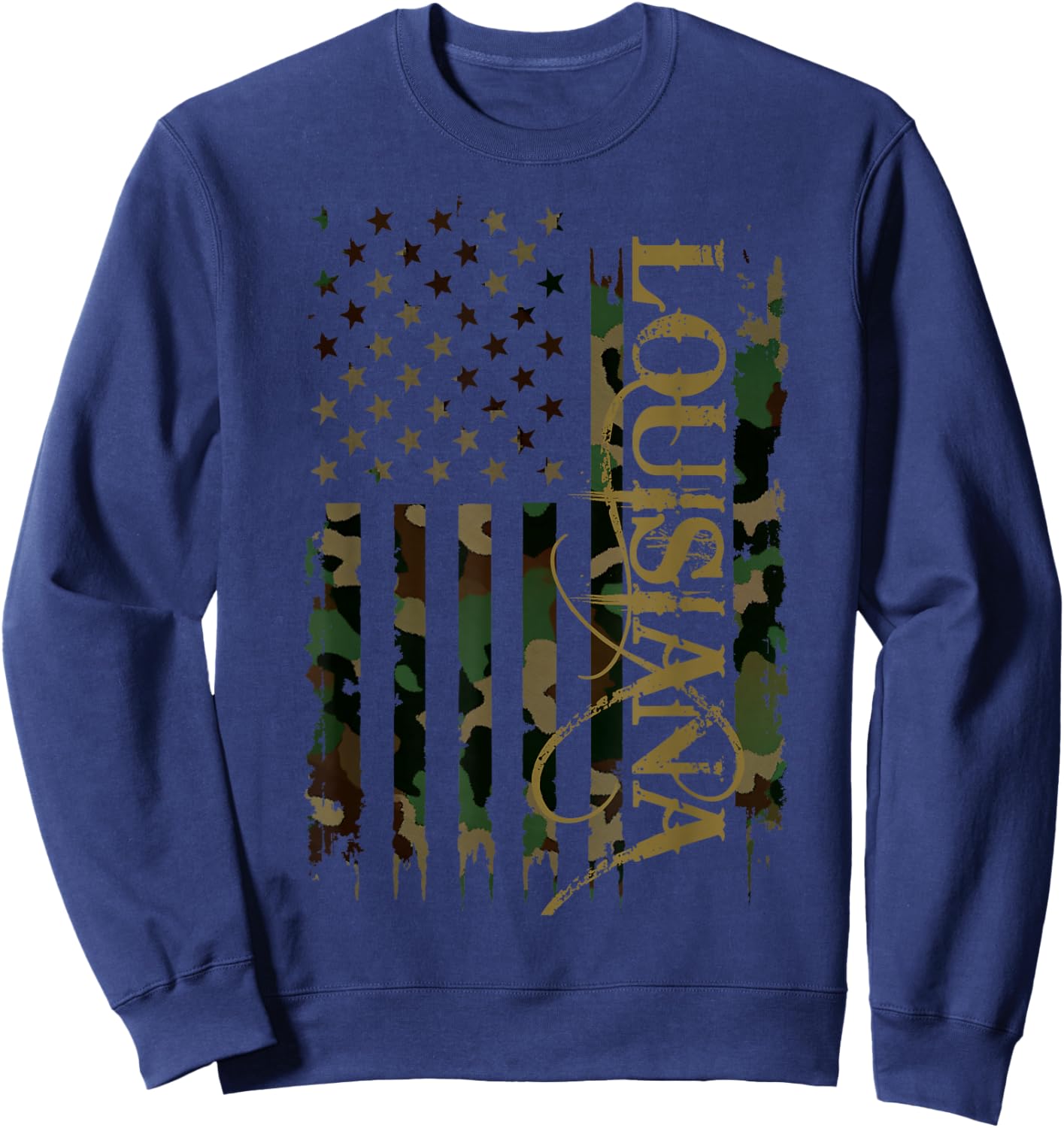 Louisiana United States Distressed Camo w US Flag Sweatshirt - Sweatshirt | Navy