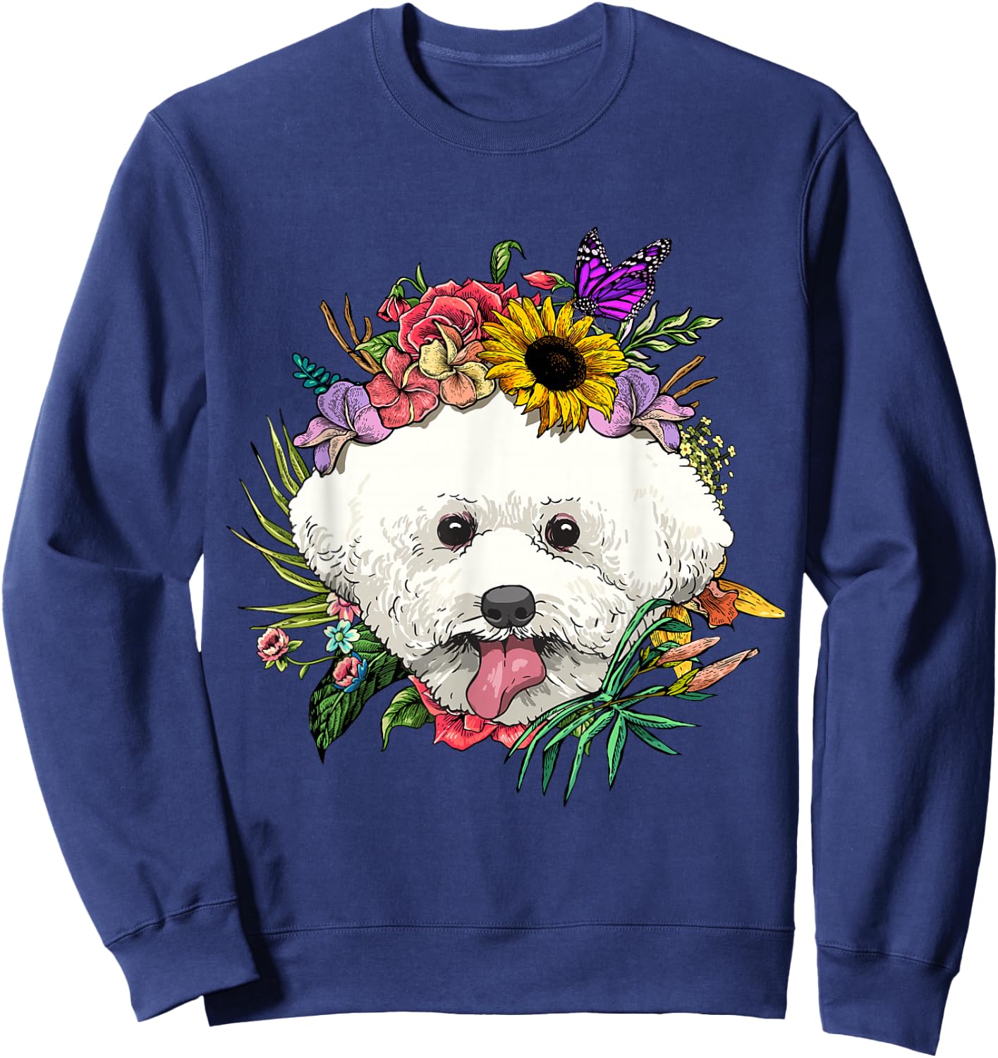 Floral Bichon Frise Dog Spring Nature Dog Lovers Sweatshirt - Sweatshirt | Navy