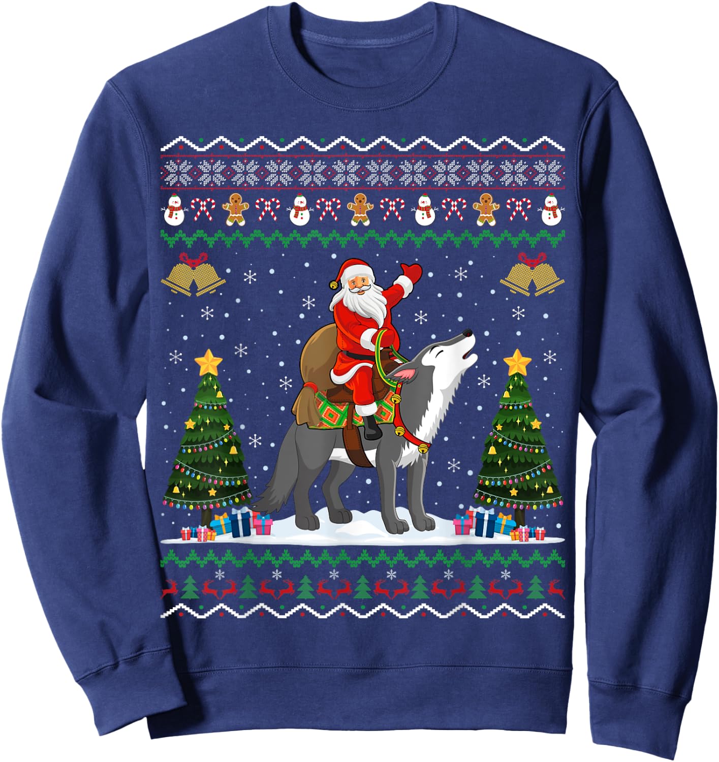 Ugly Wolf Xmas Gift Santa Riding Wolf Christmas Sweatshirt - Sweatshirt | Navy