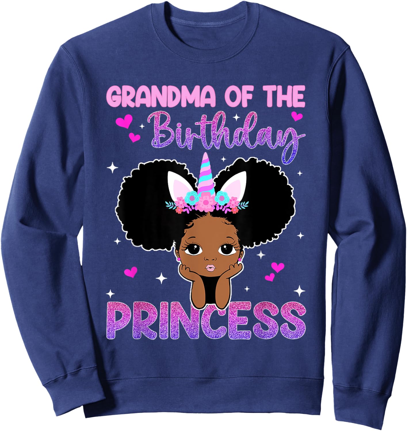 Grandma Of The Birthday Princess Melanin Black Girl Unicorn Sweatshirt - Sweatshirt | Navy
