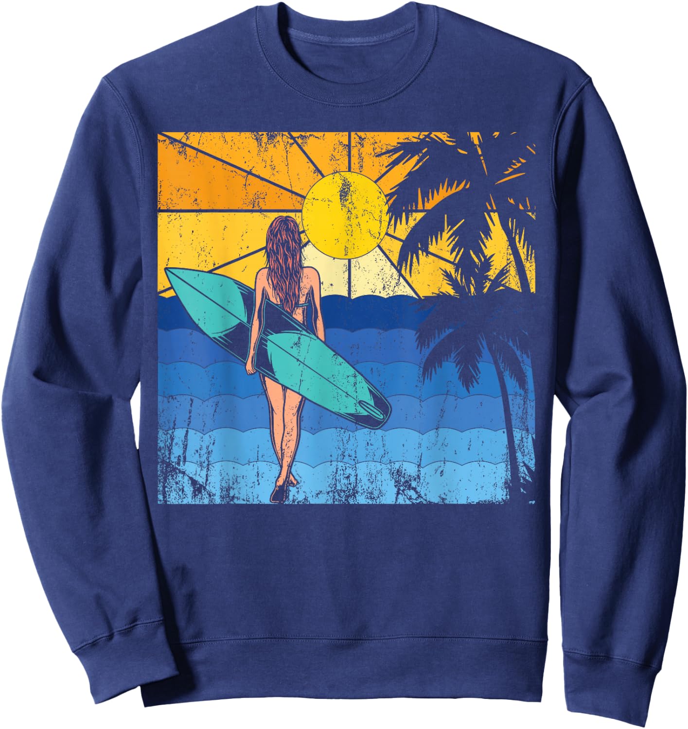 Tropical Beach Surf Sunset Surfboard Surfer Ocean Surfing Sweatshirt - Sweatshirt | Navy