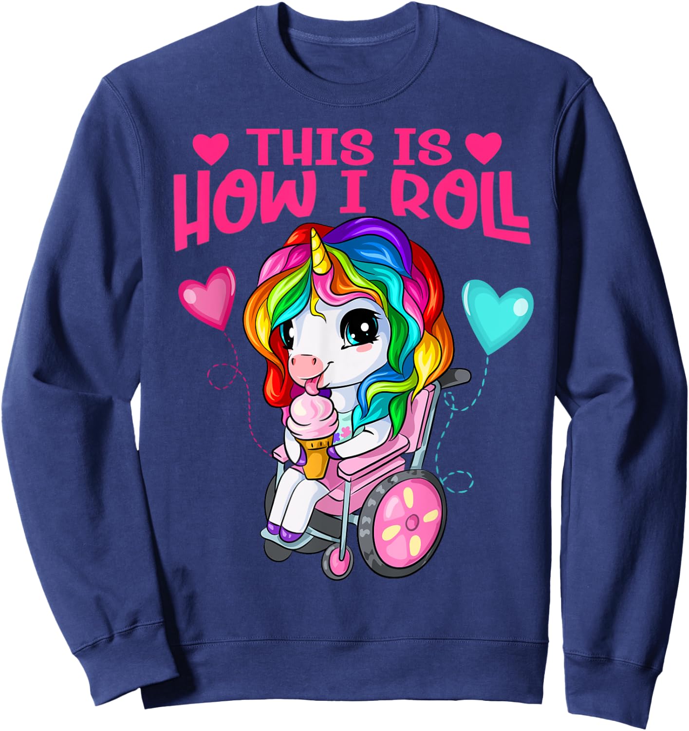 Cute Ice Cream Eating Unicorn Girl In Wheelchair Sweatshirt - Sweatshirt | Navy