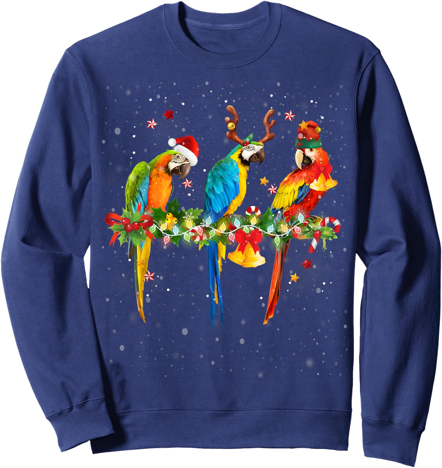 Colorful Christmas Parrots Santa Reindeer Elf Hat Funny Sweatshirt - Sweatshirt | Navy