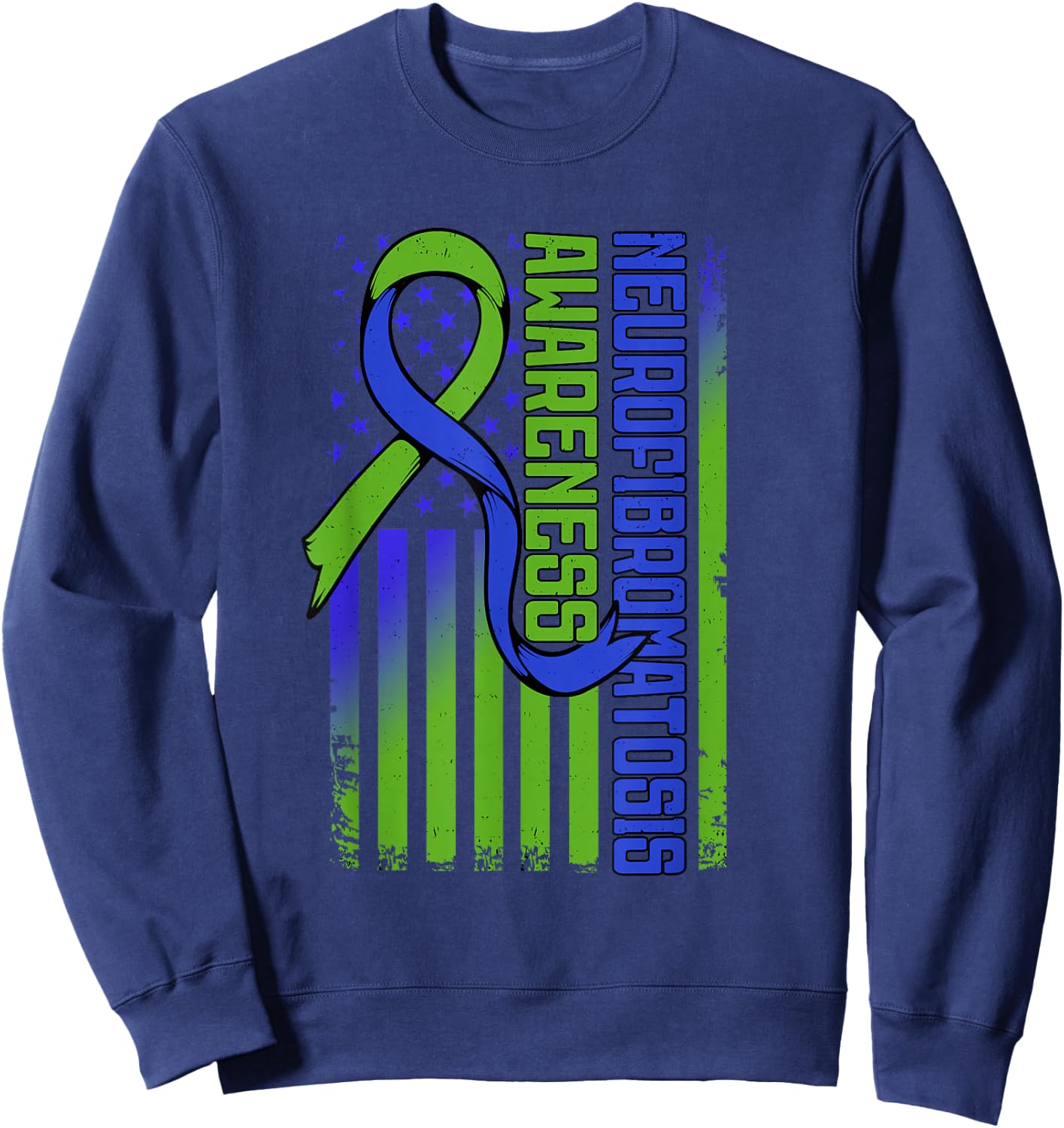 Neurofibromatosis Flag NF1 Blue and Green Ribbon Awareness Sweatshirt - Sweatshirt | Navy